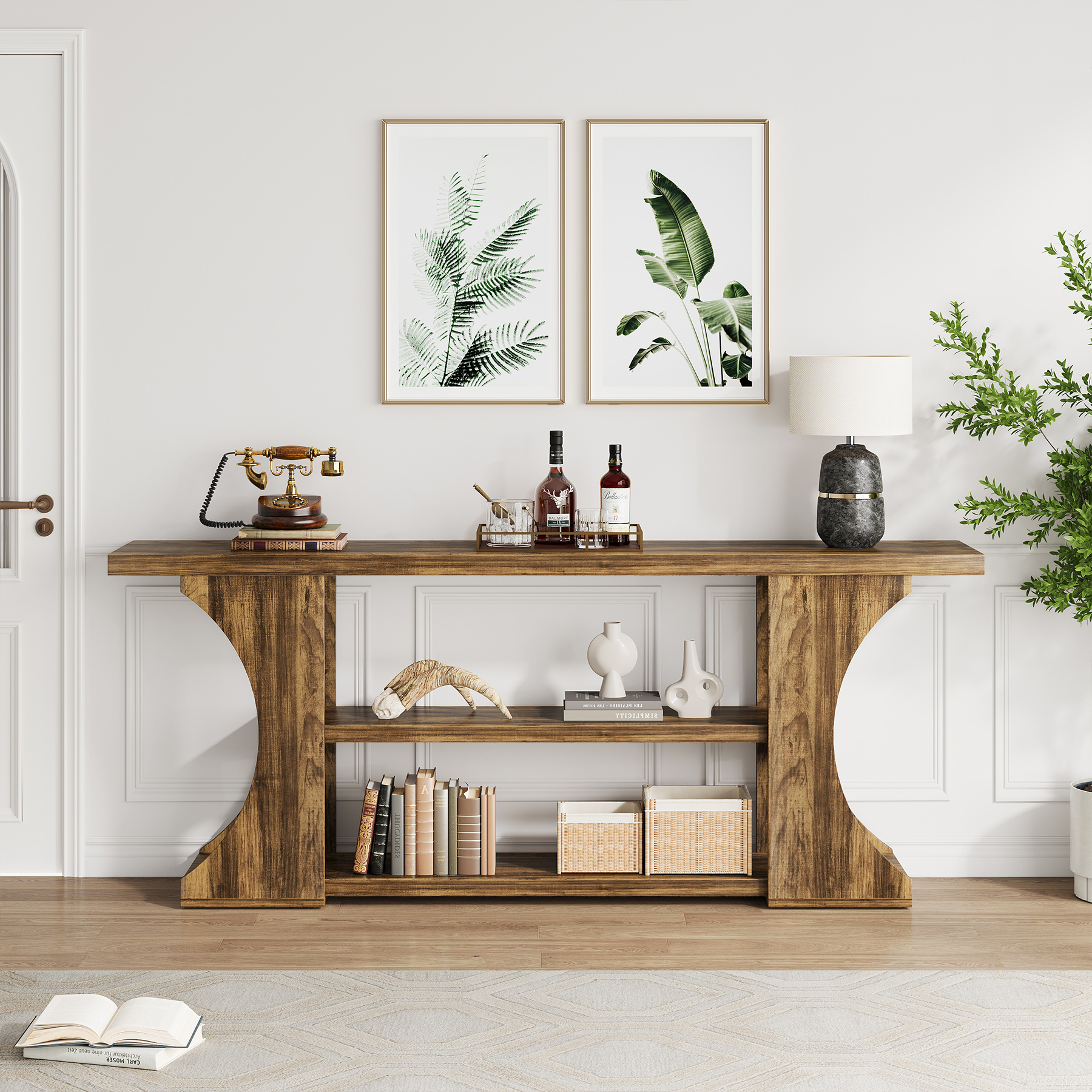 VANOMi 70.87" Sofa Console Table with 3-Tier Storage Space for Living Room Dark Walnut