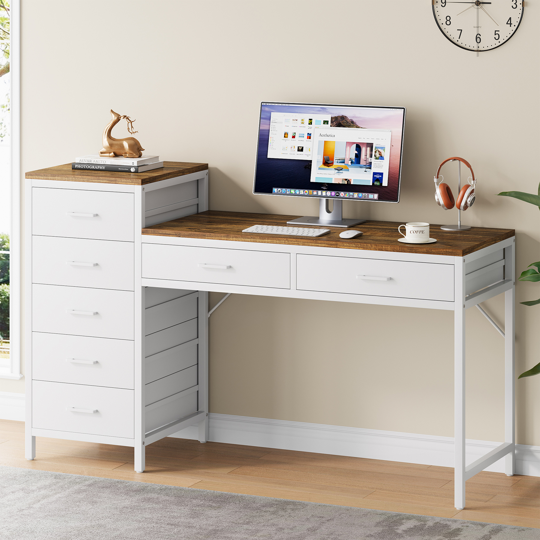 55'' Computer Desk with 7 Drawers for Small Spaces