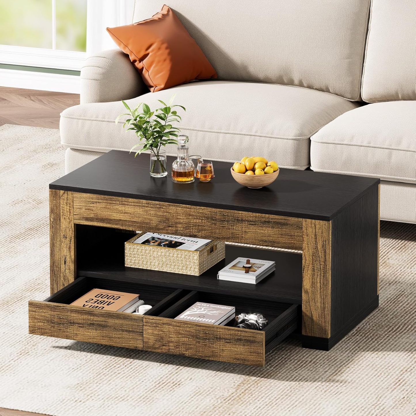 43'' Rectangle Coffee Table with Open Shelf & Drawers for Living Room