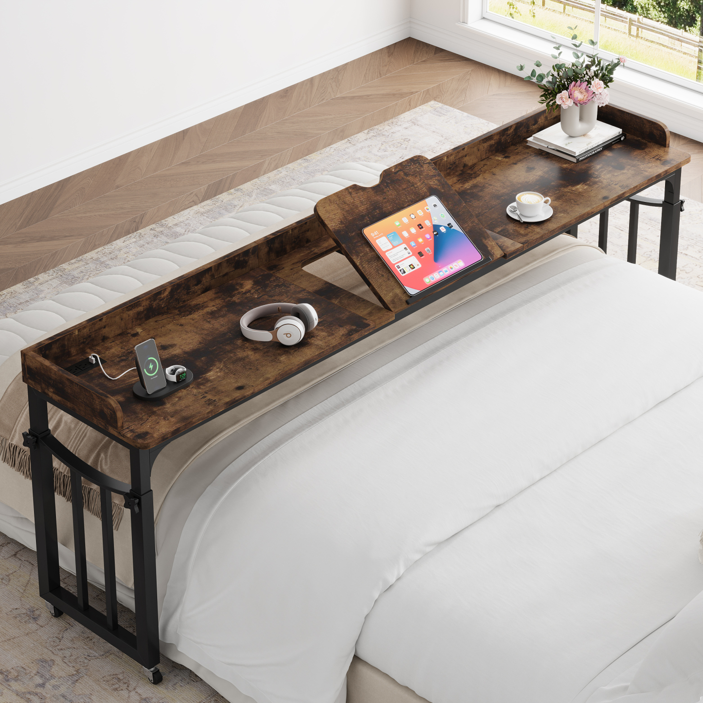 70.8" Adjustable Overbed Table with Wheels, Tilt & Power Outlets