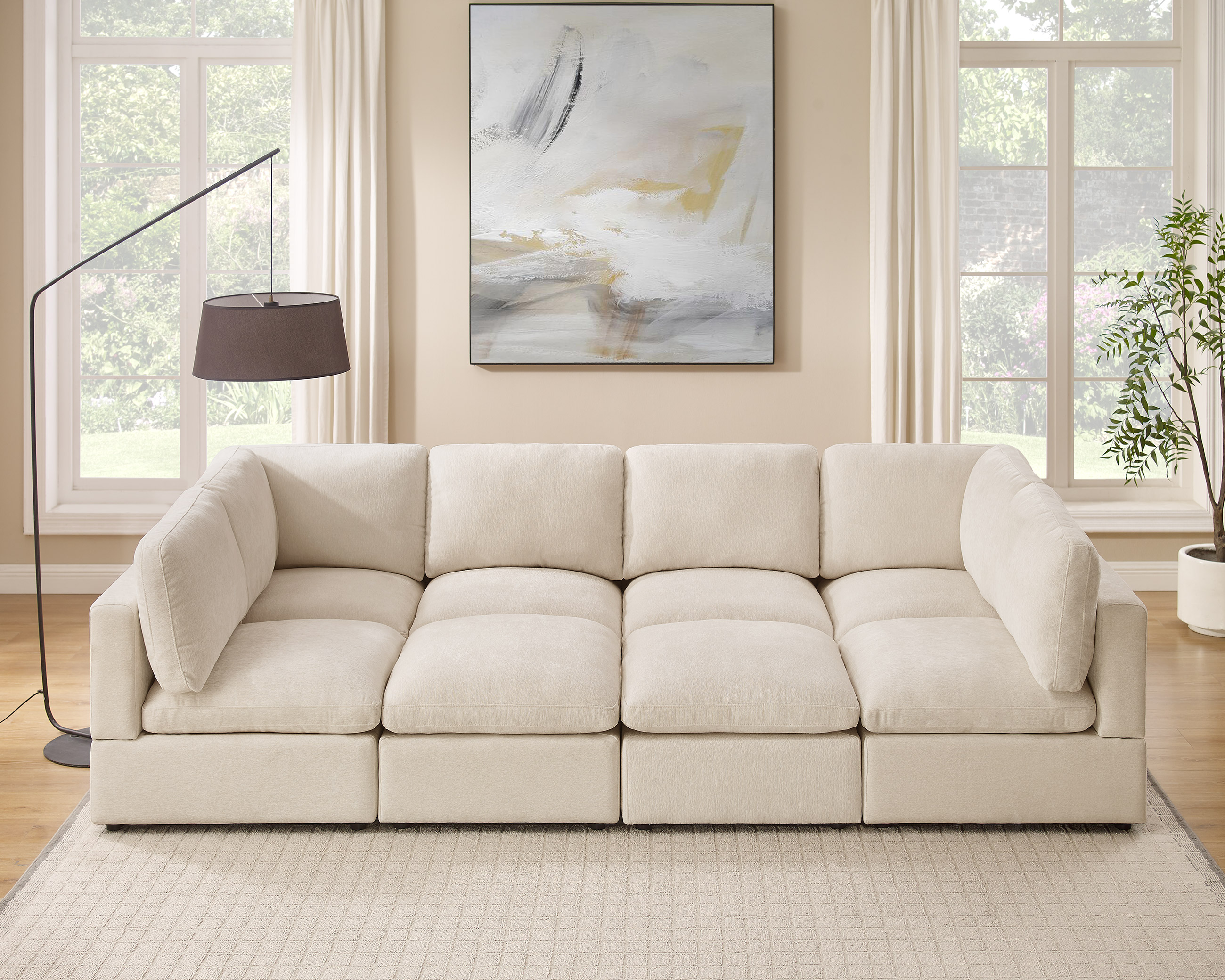 120'' U Shaped 8 Seat Beige Chenille Modular Sofa with Ottomans for Living Room - VANOMi