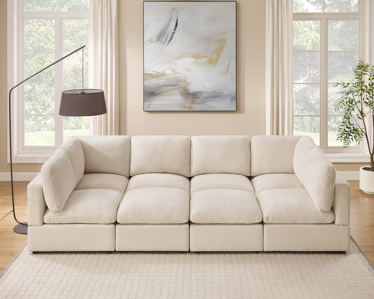 120'' U Shaped 8 Seat Beige Chenille Modular Sofa with Ottomans for Living Room - VANOMi