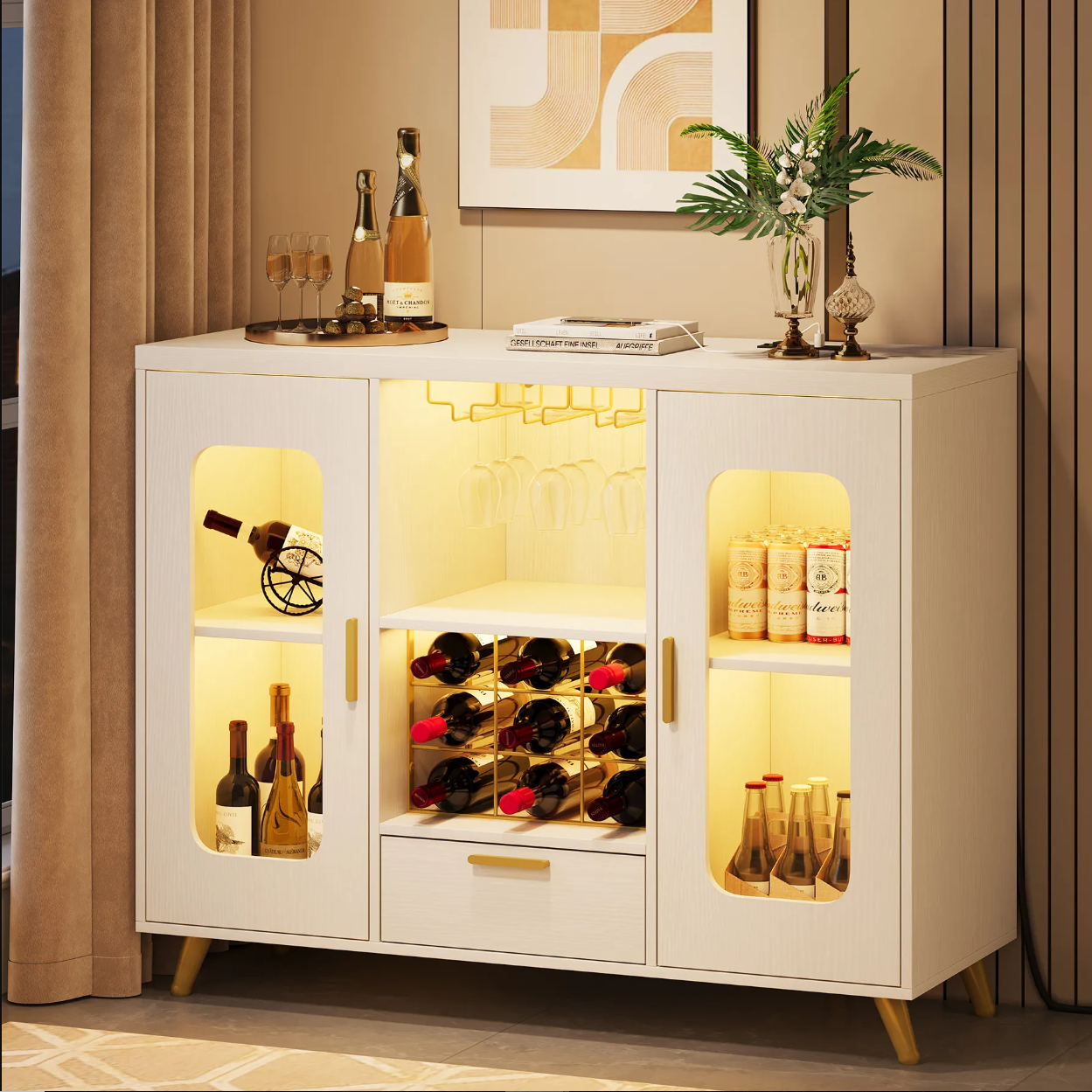 39.37'' Wine Bar Cabinet with LED, Outlet, Wine Rack and Glass Holder