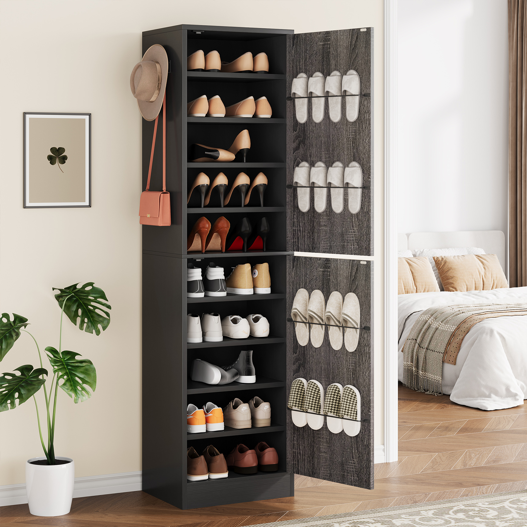 71'' Shoe Cabinet with Slipper Rack & Adjustable Shelves for Entryway