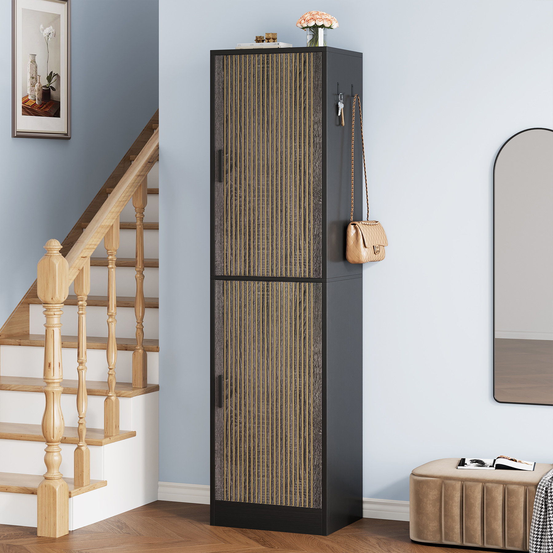 71'' Shoe Cabinet with Slipper Rack & Adjustable Shelves for Entryway