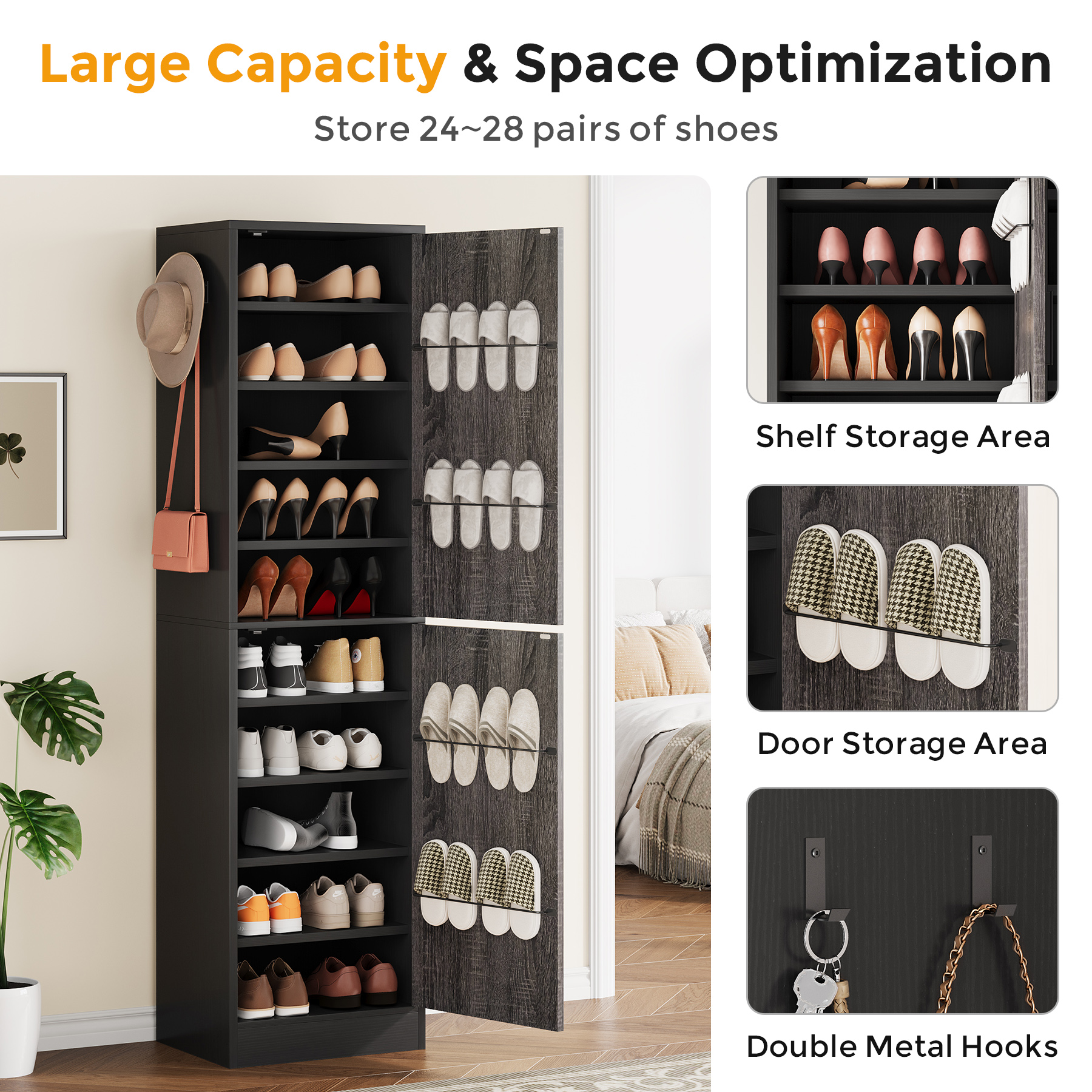 71'' Shoe Cabinet with Slipper Rack & Adjustable Shelves for Entryway