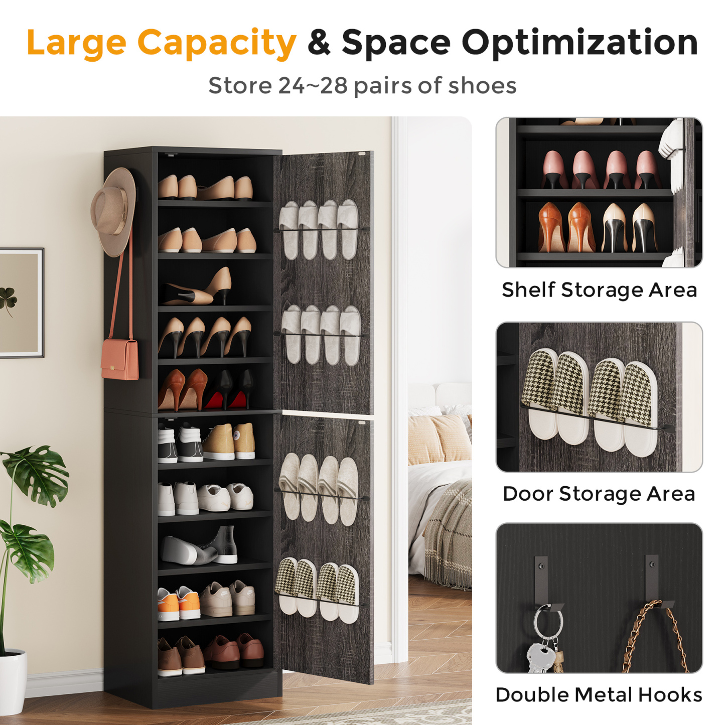 71'' Shoe Cabinet with Slipper Rack & Adjustable Shelves for Entryway