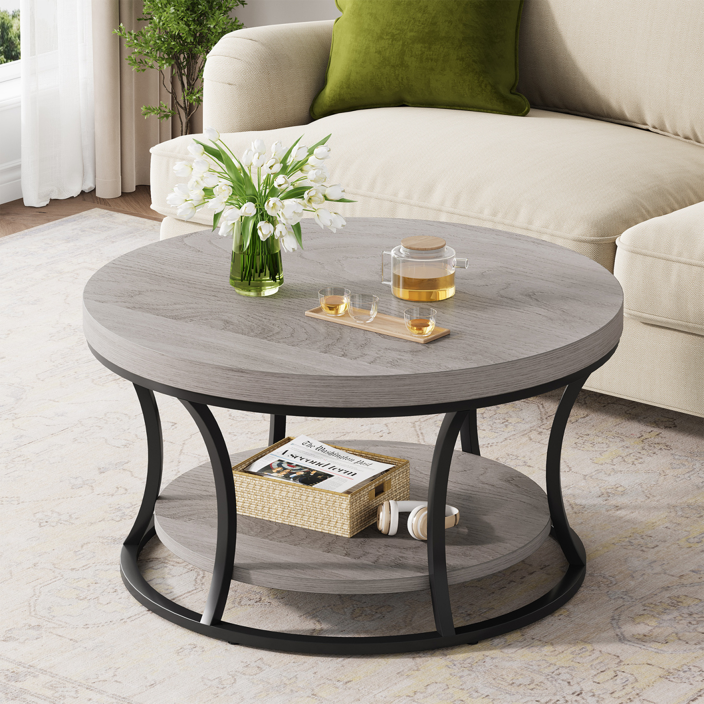 Round Coffee Table with Storage, 2-Tier Coffee Table for Living Room