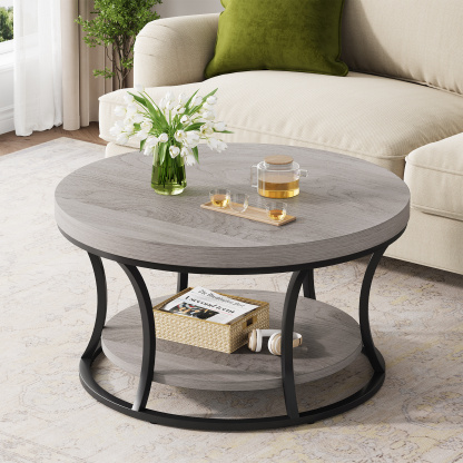 Round Coffee Table with Storage, 2-Tier Coffee Table for Living Room