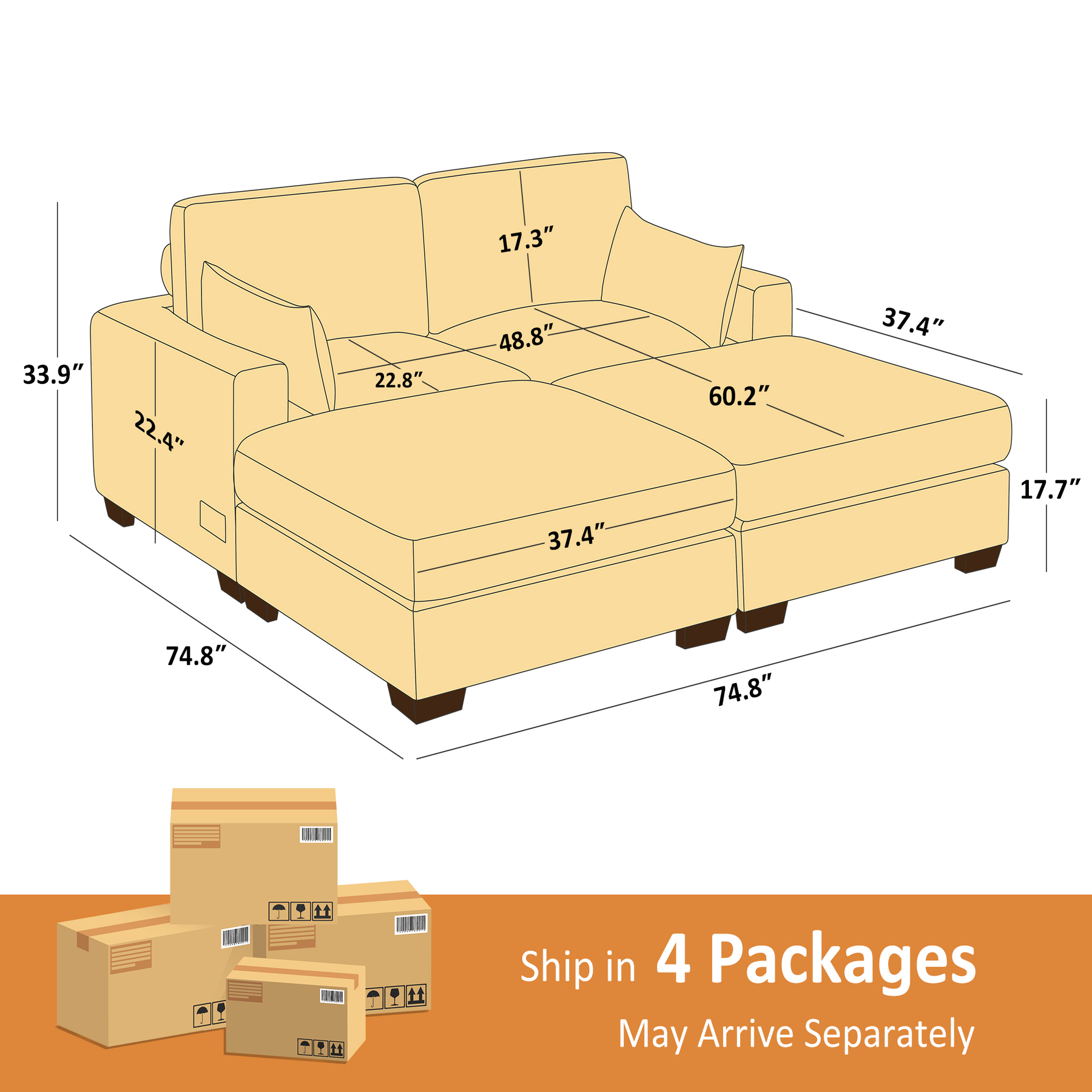 74.8''-149.6'' L/U Shaped Chenille Sofa with Ottomans & Outlets