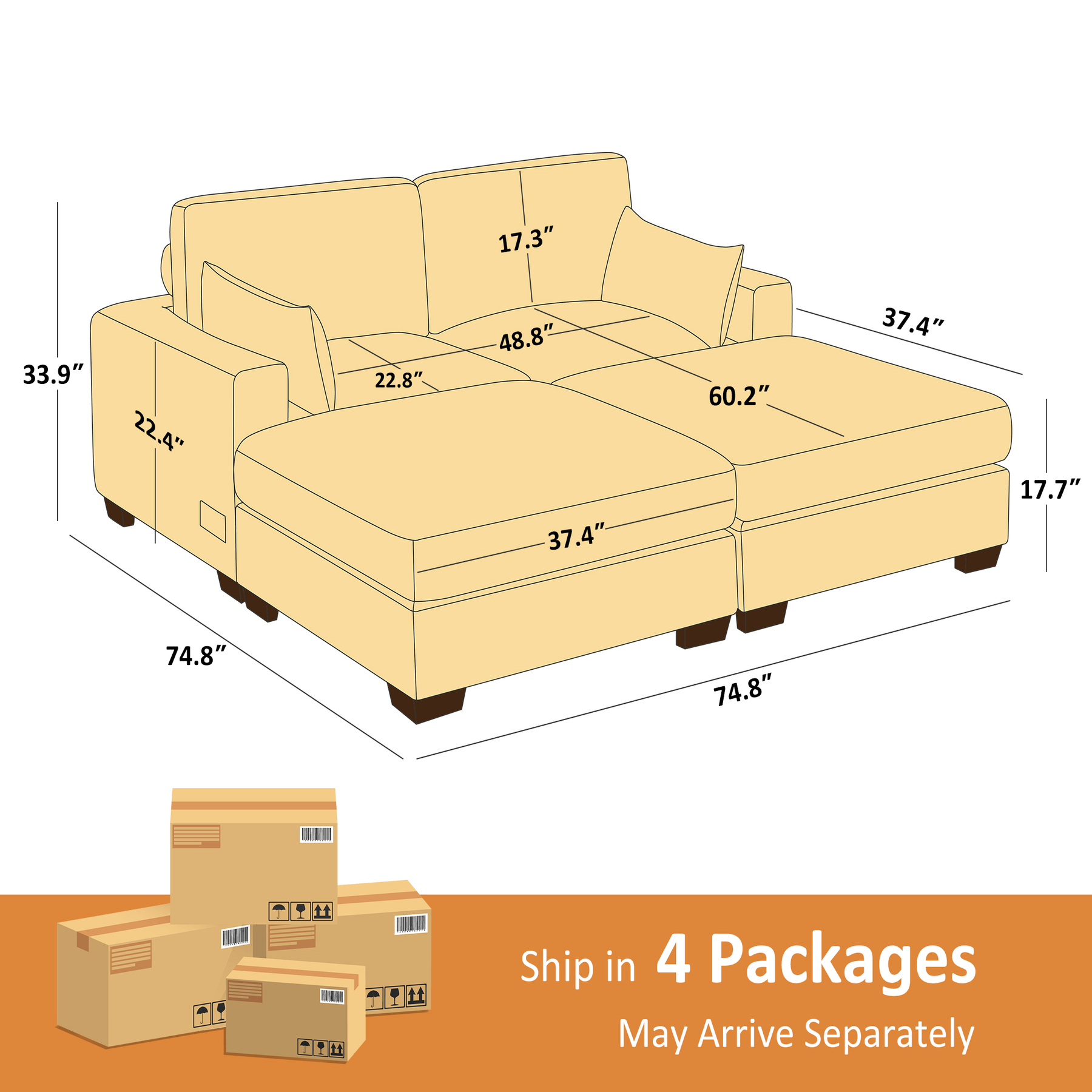 74.8''-149.6'' L/U Shaped Chenille Sofa with Ottomans & Outlets
