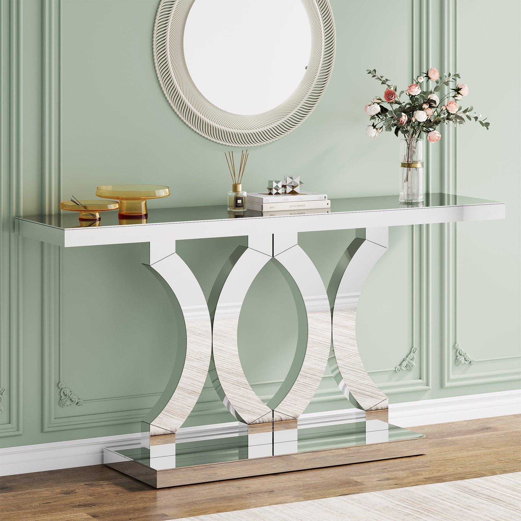 Silver Mirrored Console Table ,55-Inch Modern Sofa Table Behind Couch