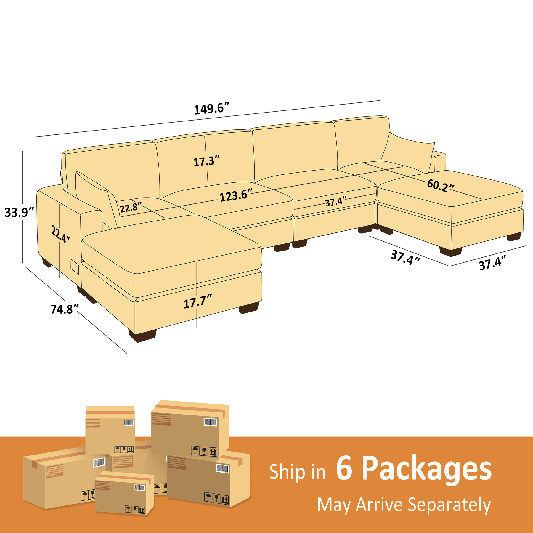 74.8''-149.6'' L/U Shaped Chenille Sofa with Ottomans & Outlets