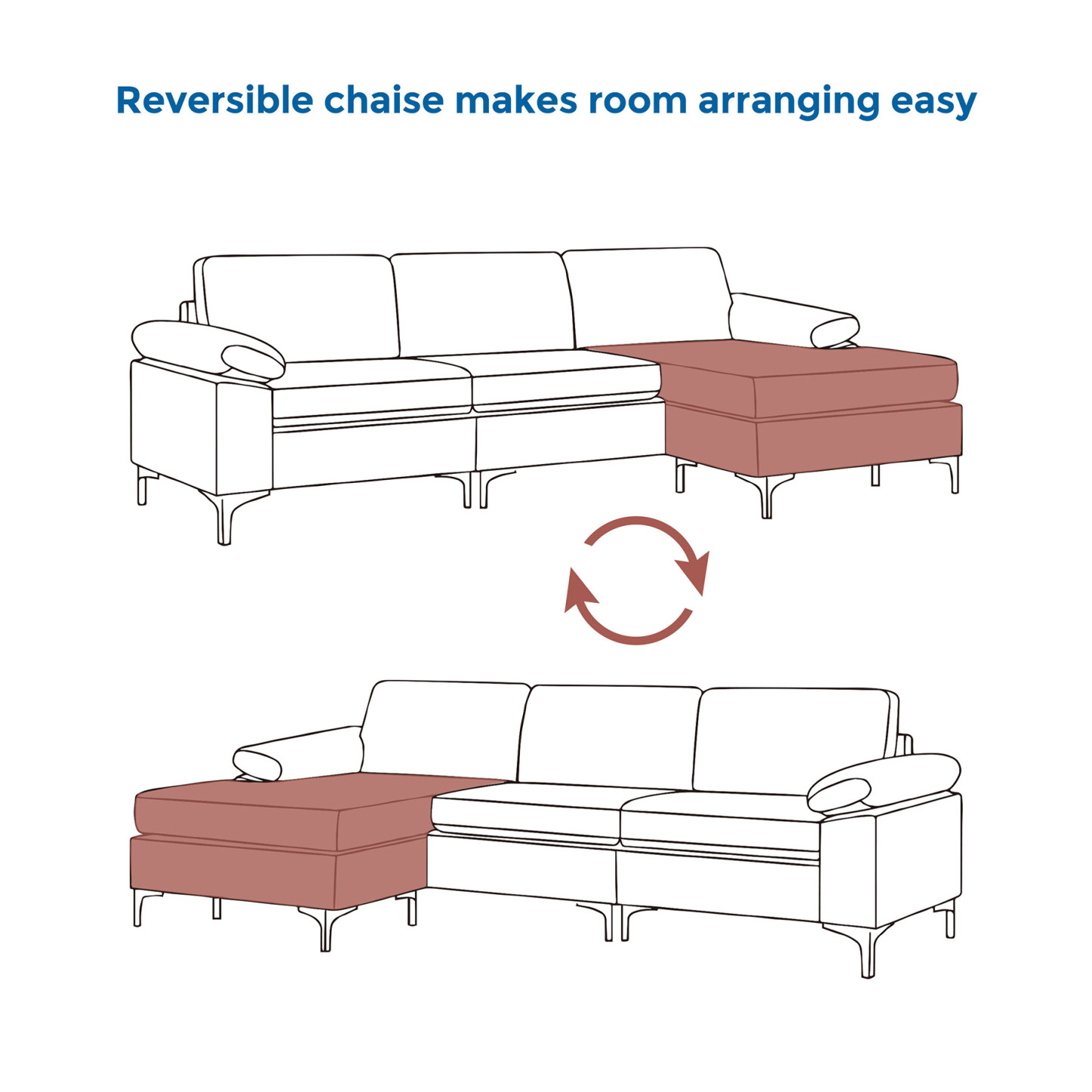 VANOMi 100" Reversible Faux Leather Sectional Sofa with Chaise | Mid-Century Modern