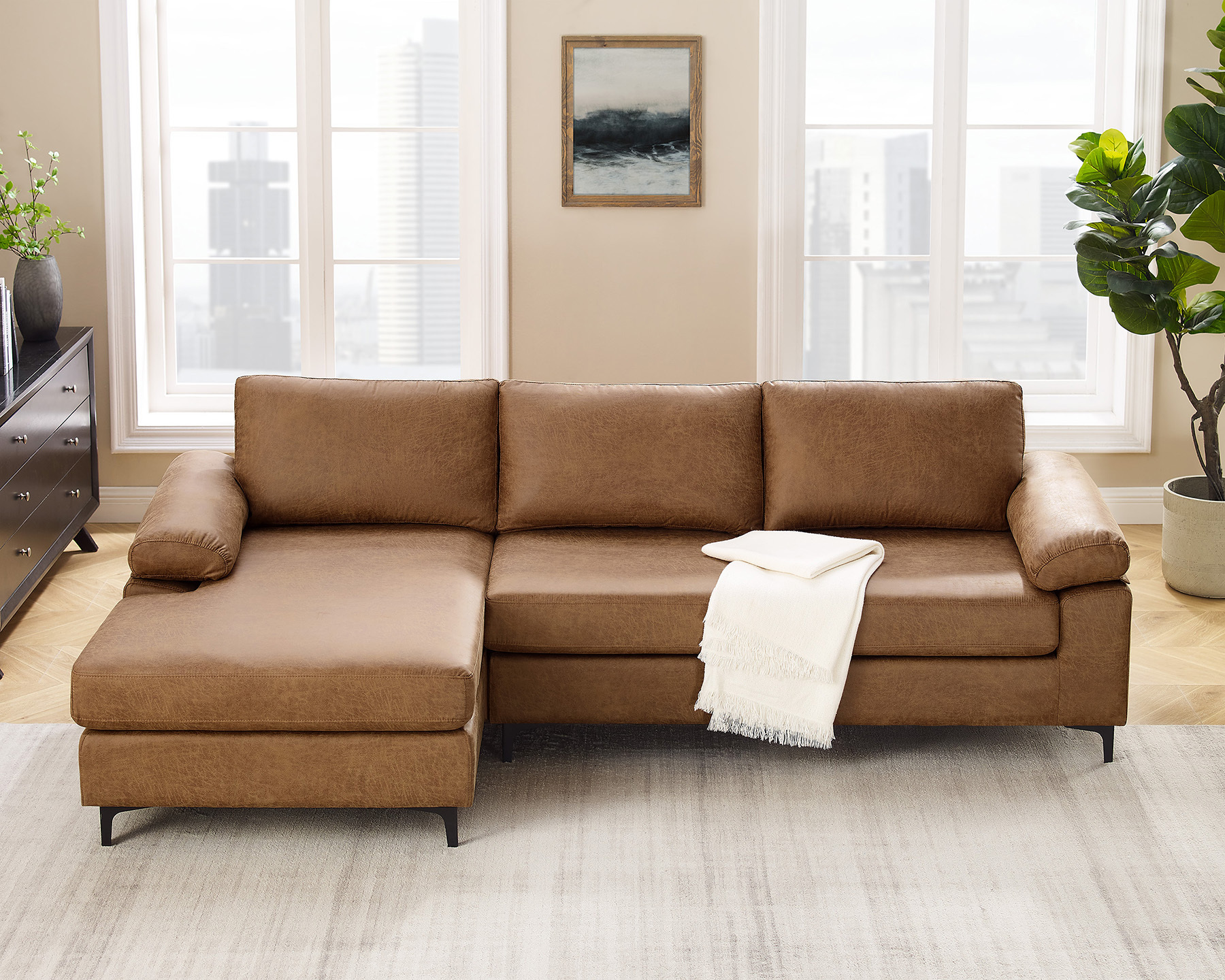 VANOMi 100" Reversible Faux Leather Sectional Sofa with Chaise | Mid-Century Modern Brown