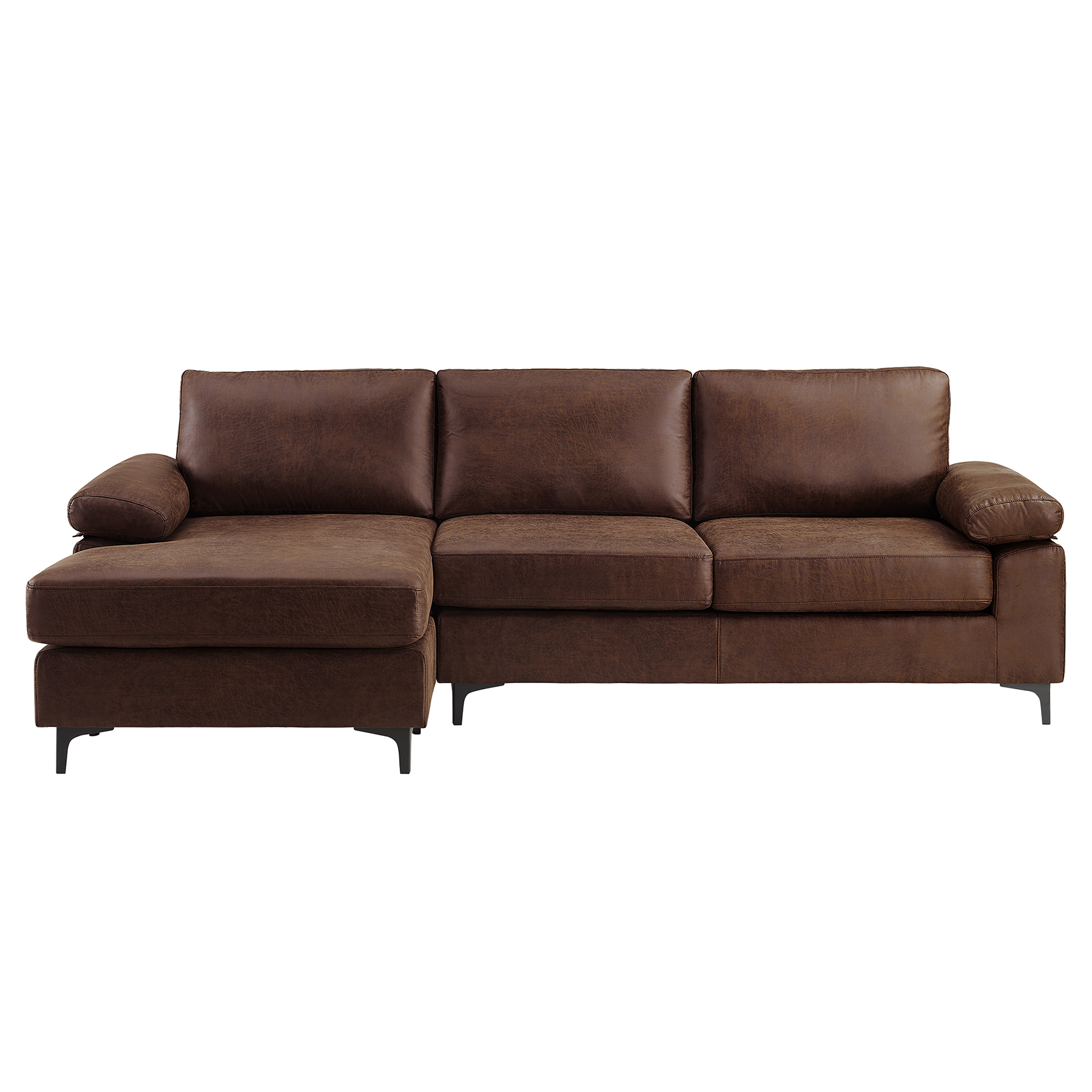 VANOMi 100" Reversible Faux Leather Sectional Sofa with Chaise | Mid-Century Modern Saddle Brown