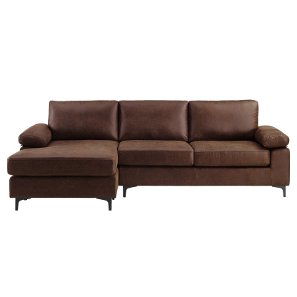 VANOMi 100" Reversible Faux Leather Sectional Sofa with Chaise | Mid-Century Modern Saddle Brown