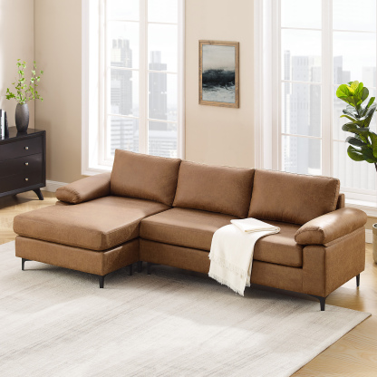 VANOMi 100" Reversible Faux Leather Sectional Sofa with Chaise | Mid-Century Modern Brown