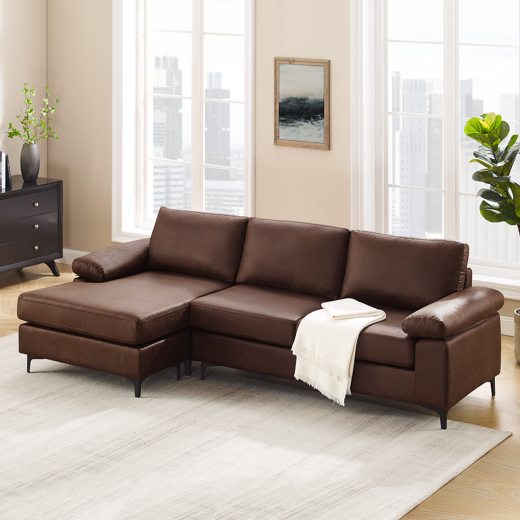 VANOMi 100" Reversible Faux Leather Sectional Sofa with Chaise | Mid-Century Modern Saddle Brown