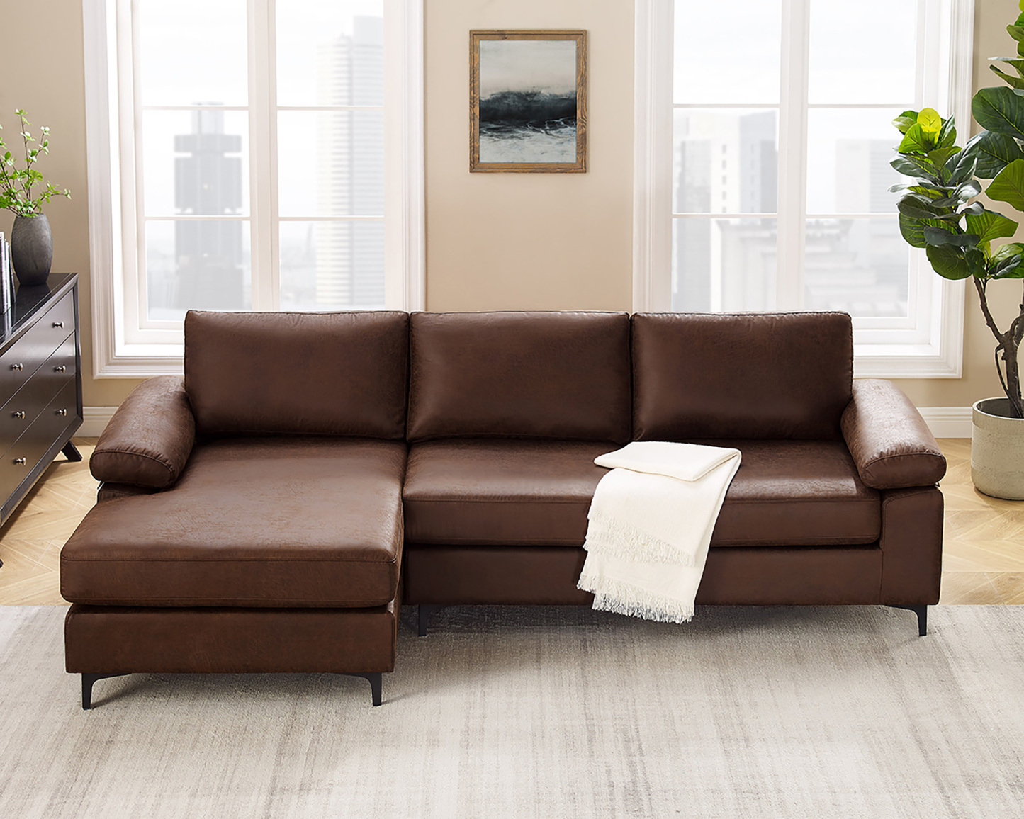VANOMi 100" Reversible Faux Leather Sectional Sofa with Chaise | Mid-Century Modern Saddle Brown