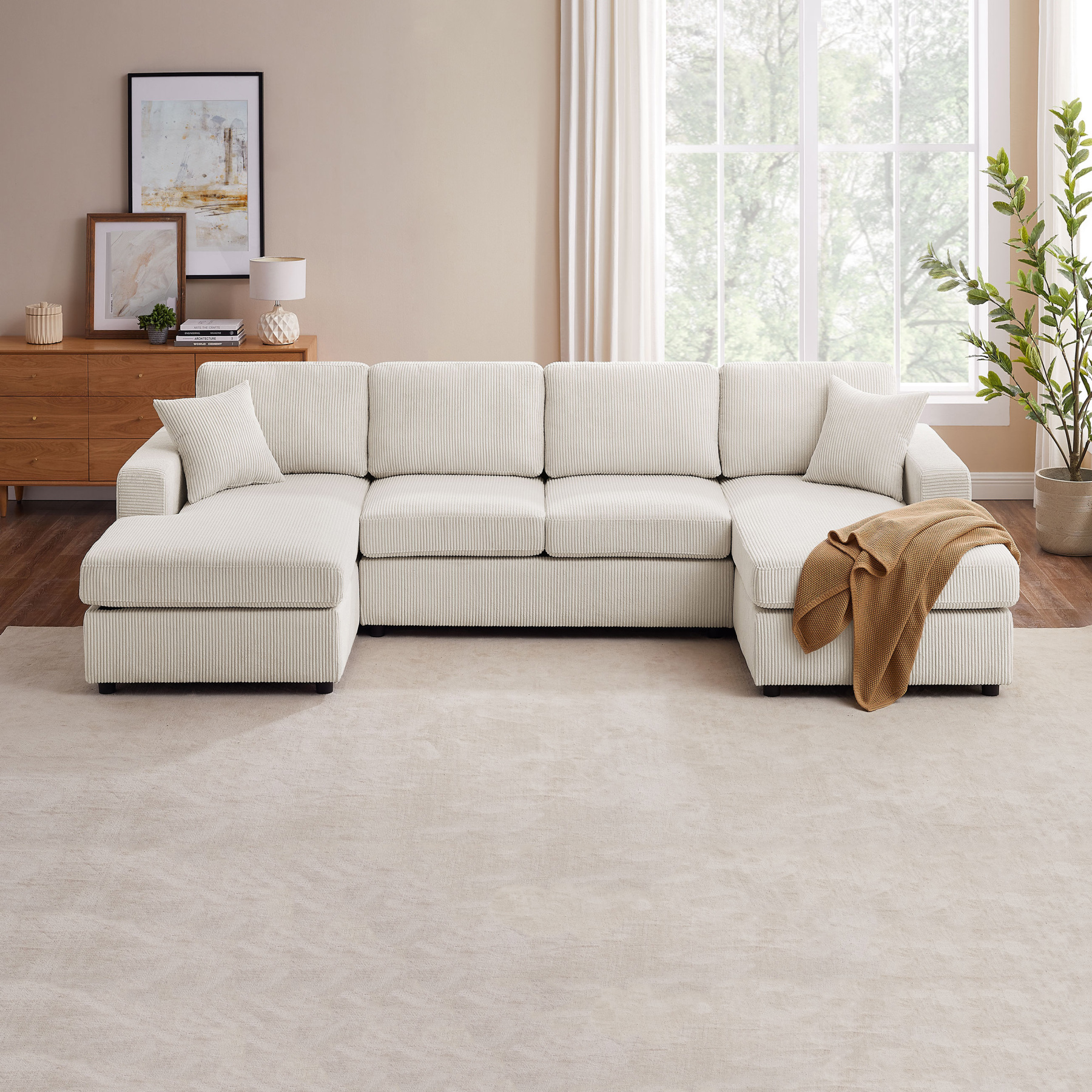VANOMi 118'' U-Shaped Corduroy Sectional Sofa Beige