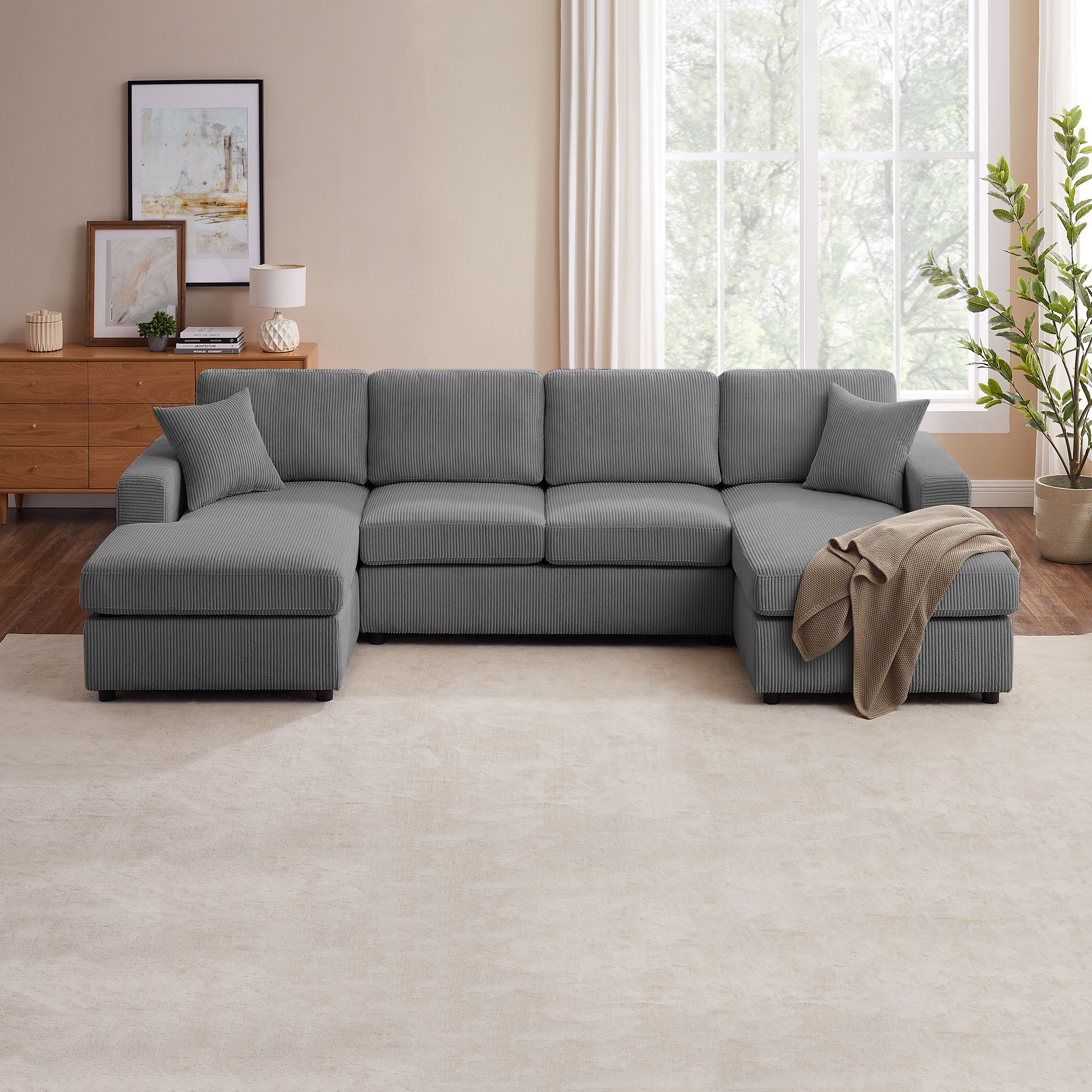 VANOMi 118'' U-Shaped Corduroy Sectional Sofa Grey