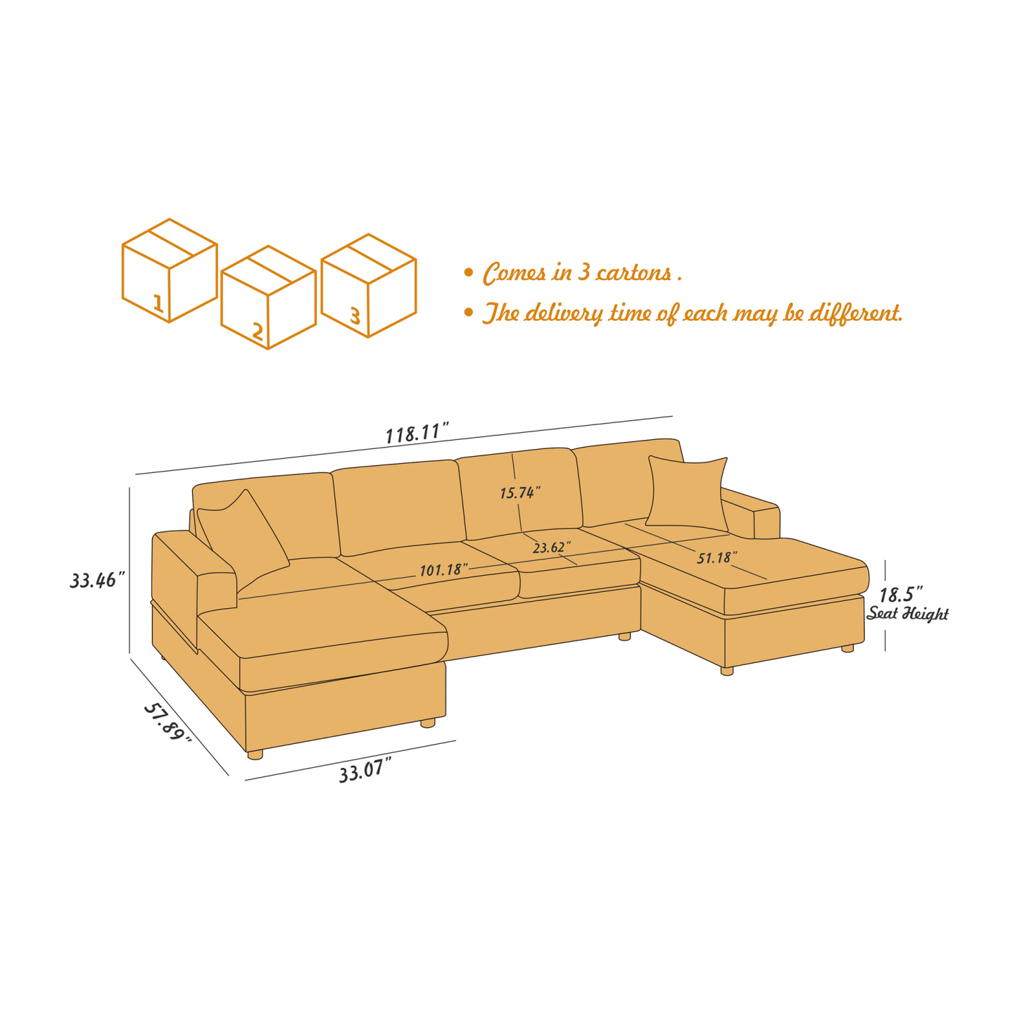 VANOMi 118'' U-Shaped Corduroy Sectional Sofa Size