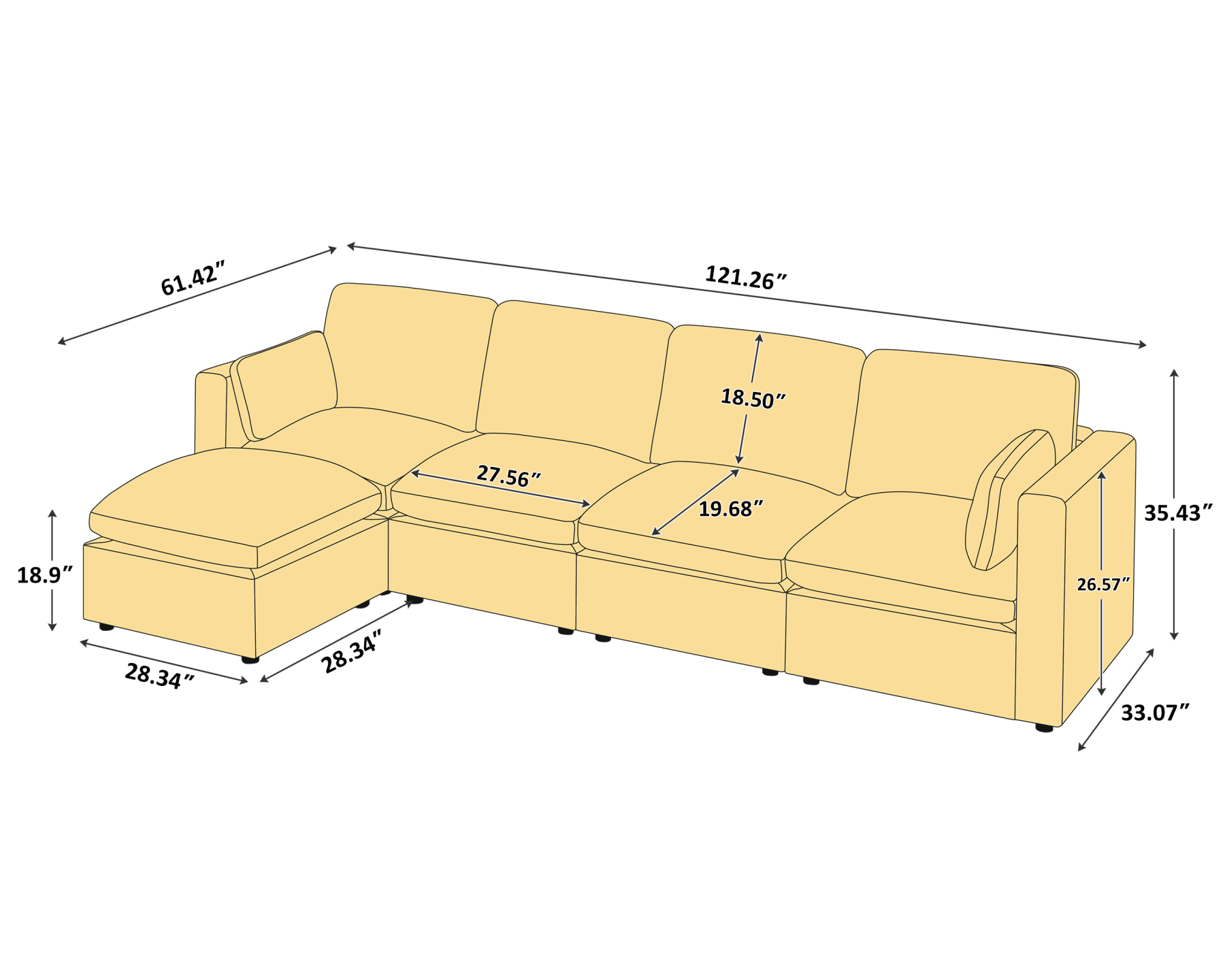 120'' L Shaped 5 Seat Chenille Modular Sofa with Ottomans for Living Room Size - VANOMi