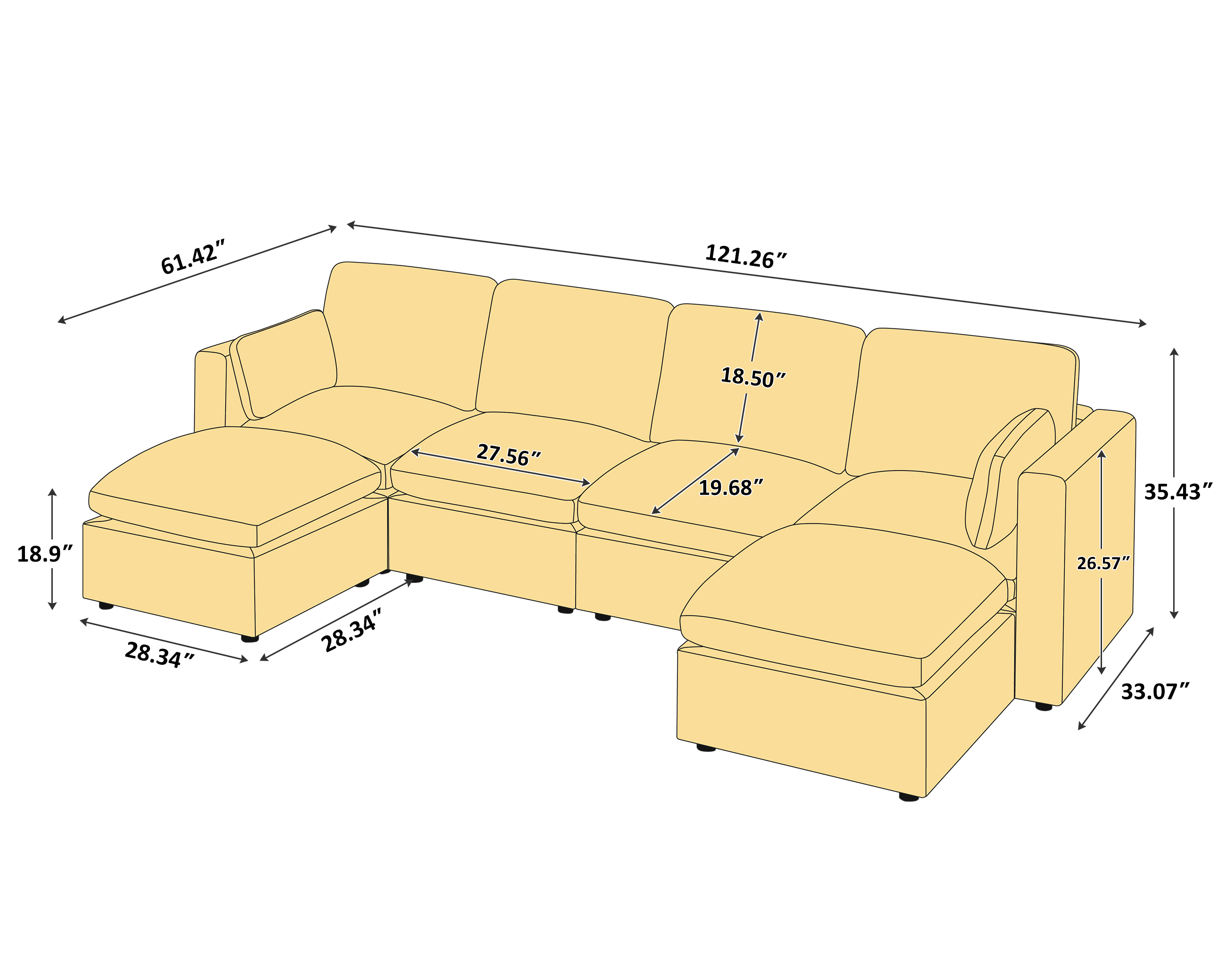 120'' U Shaped 6 Seat Chenille Modular Sofa with Ottomans for Living Room Size - VANOMi