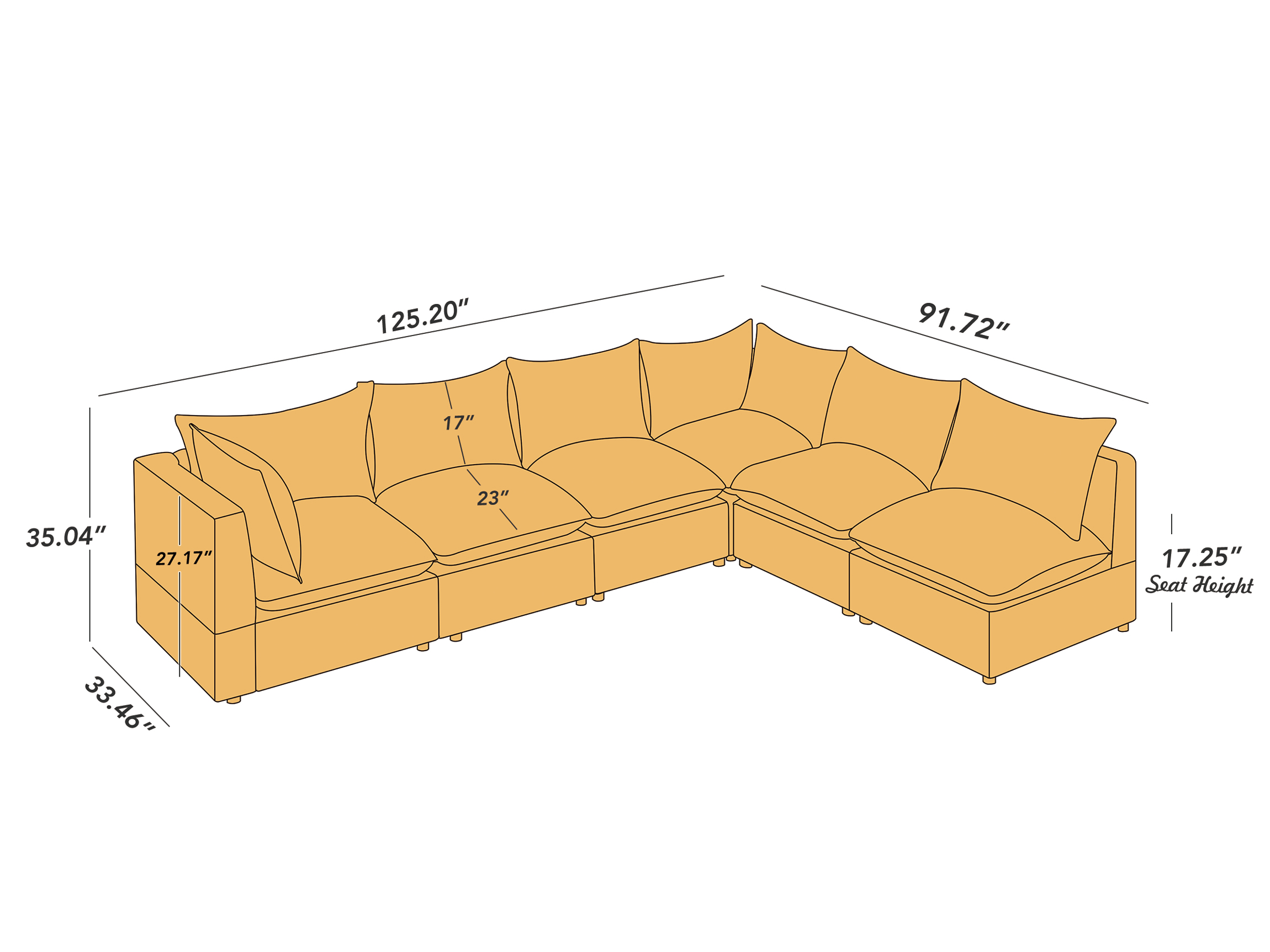VANOMi 125-inch L Shaped Sofa 6 Seat Linen Modular Sofa Size Details