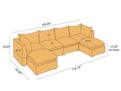VANOMi 125-inch U-Shaped Sofa 6 Seat Linen Modular Sofa with 2 Ottomans Size Details