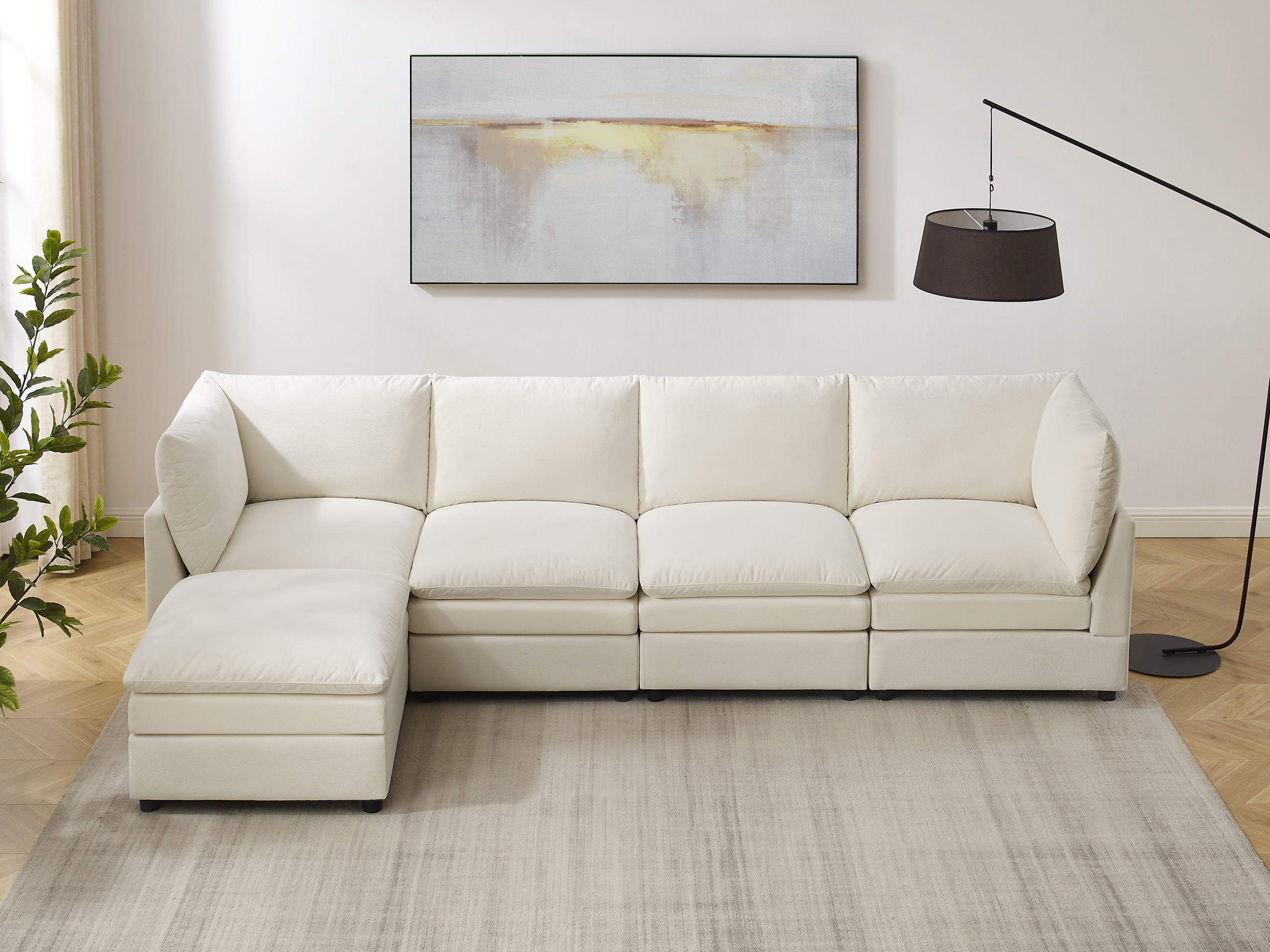 VANOMi 127'' L Shaped 5 Seat Knit Modular Sofa with Ottomans White