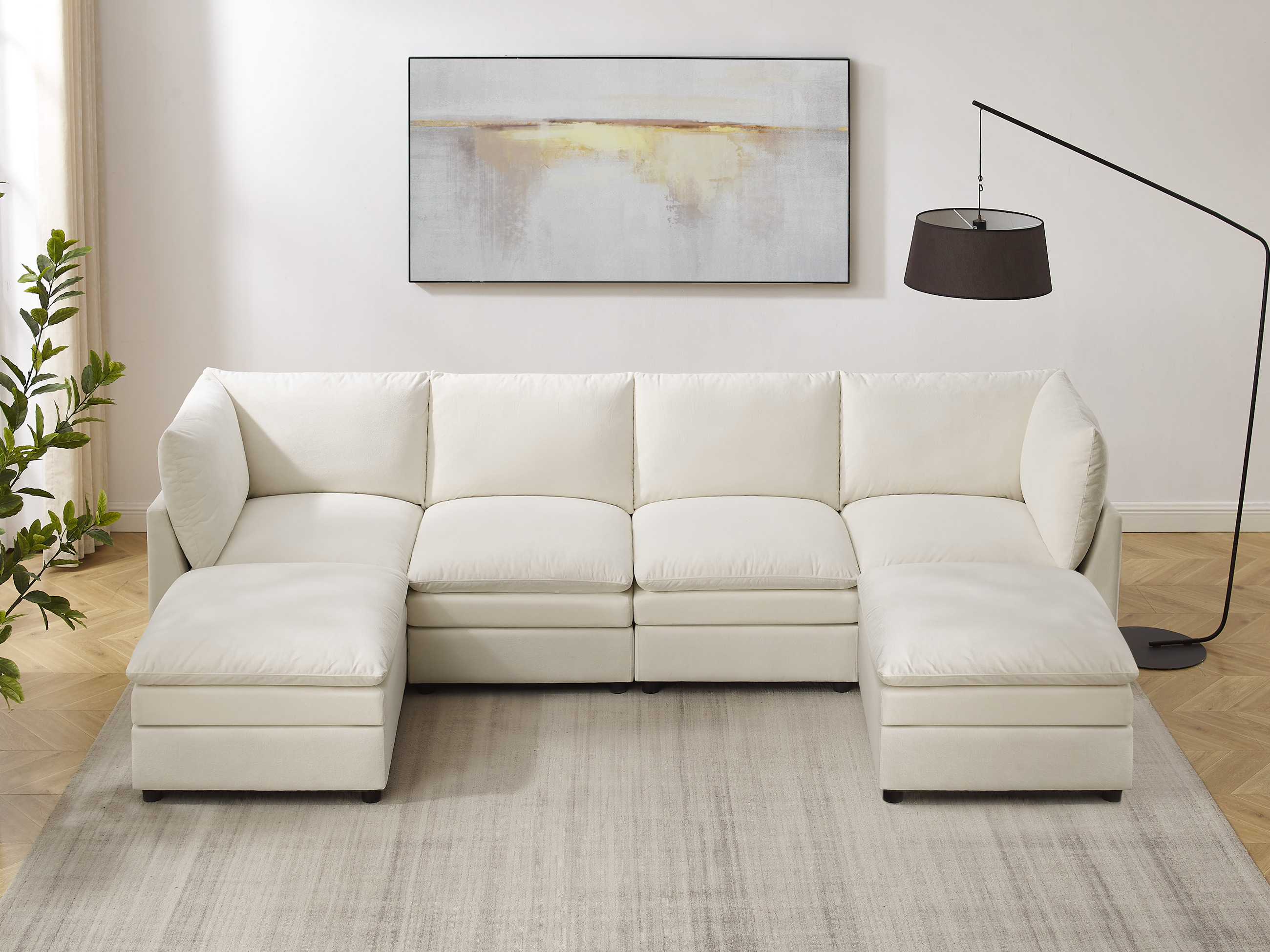 VANOMi 127'' U Shaped 6 Seat Knit Modular Sofa with Ottomans White