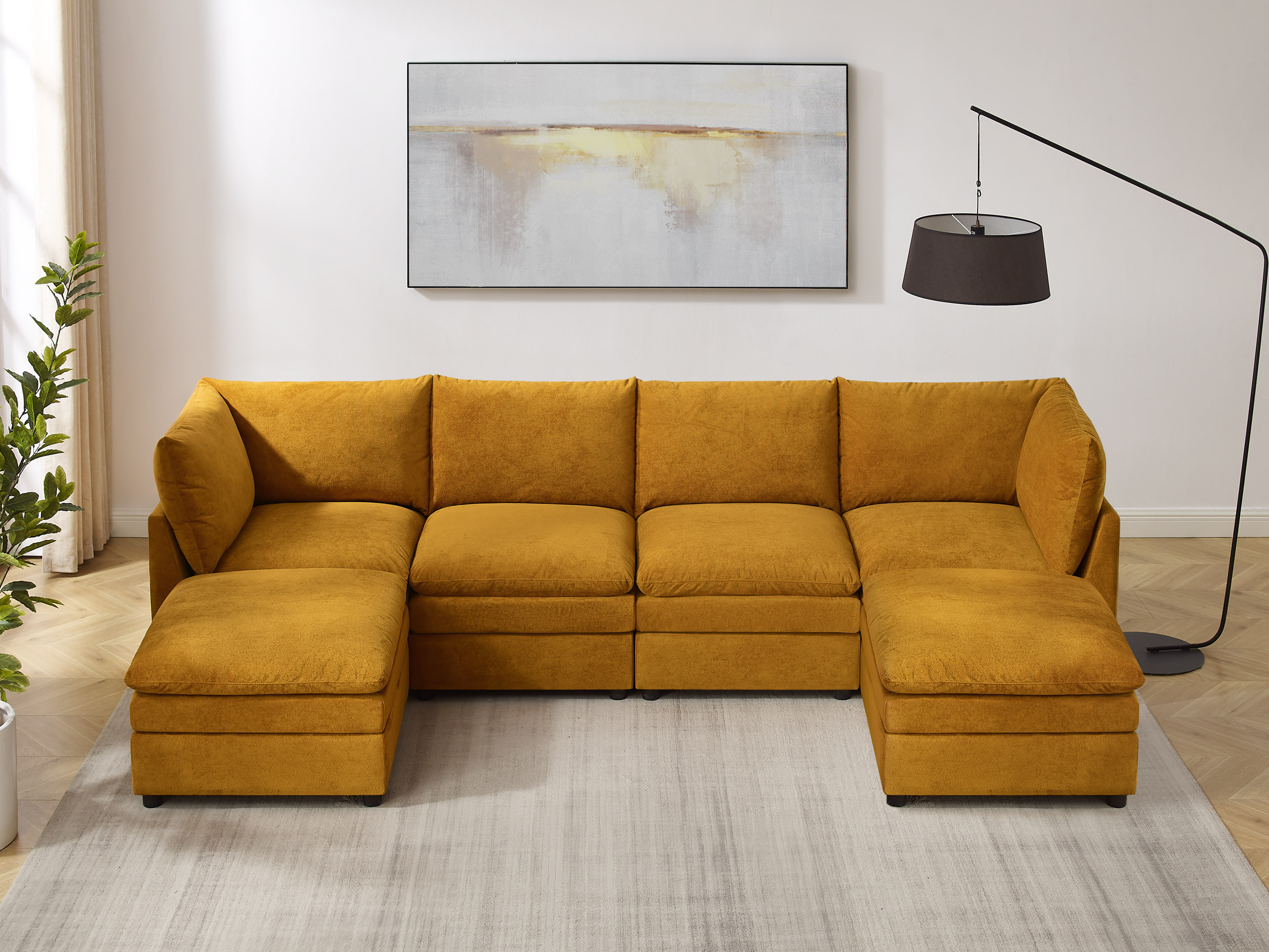 VANOMi 127'' U Shaped 6 Seat Knit Modular Sofa with Ottomans Curry