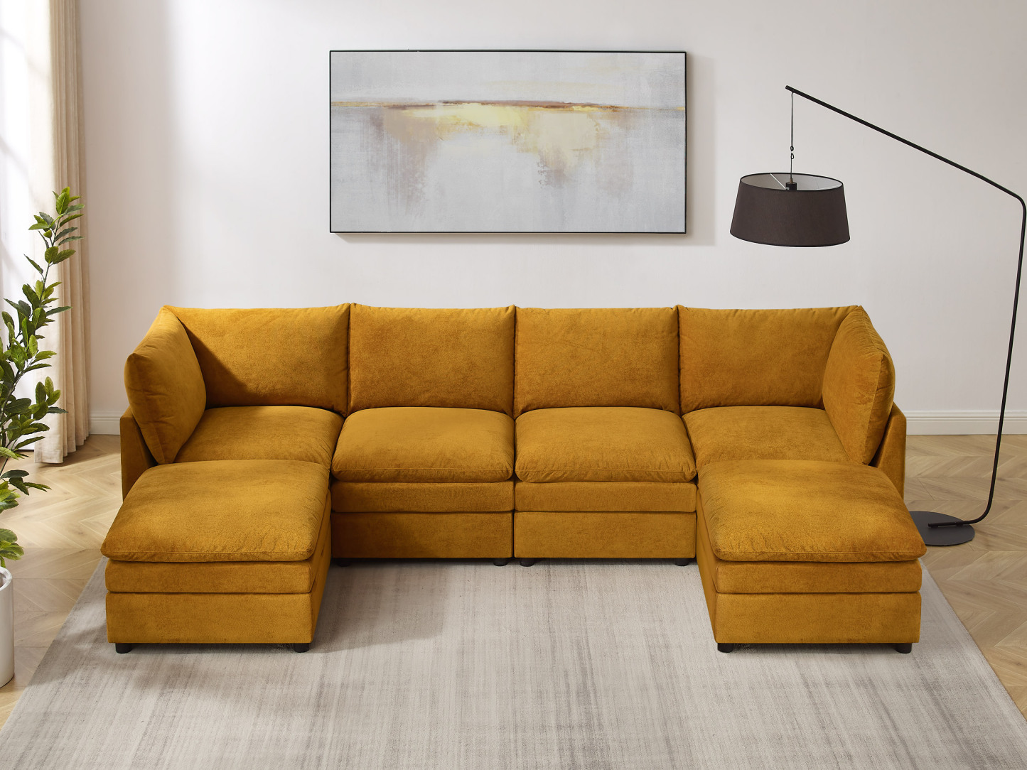 VANOMi 127'' U Shaped 6 Seat Knit Modular Sofa with Ottomans Curry