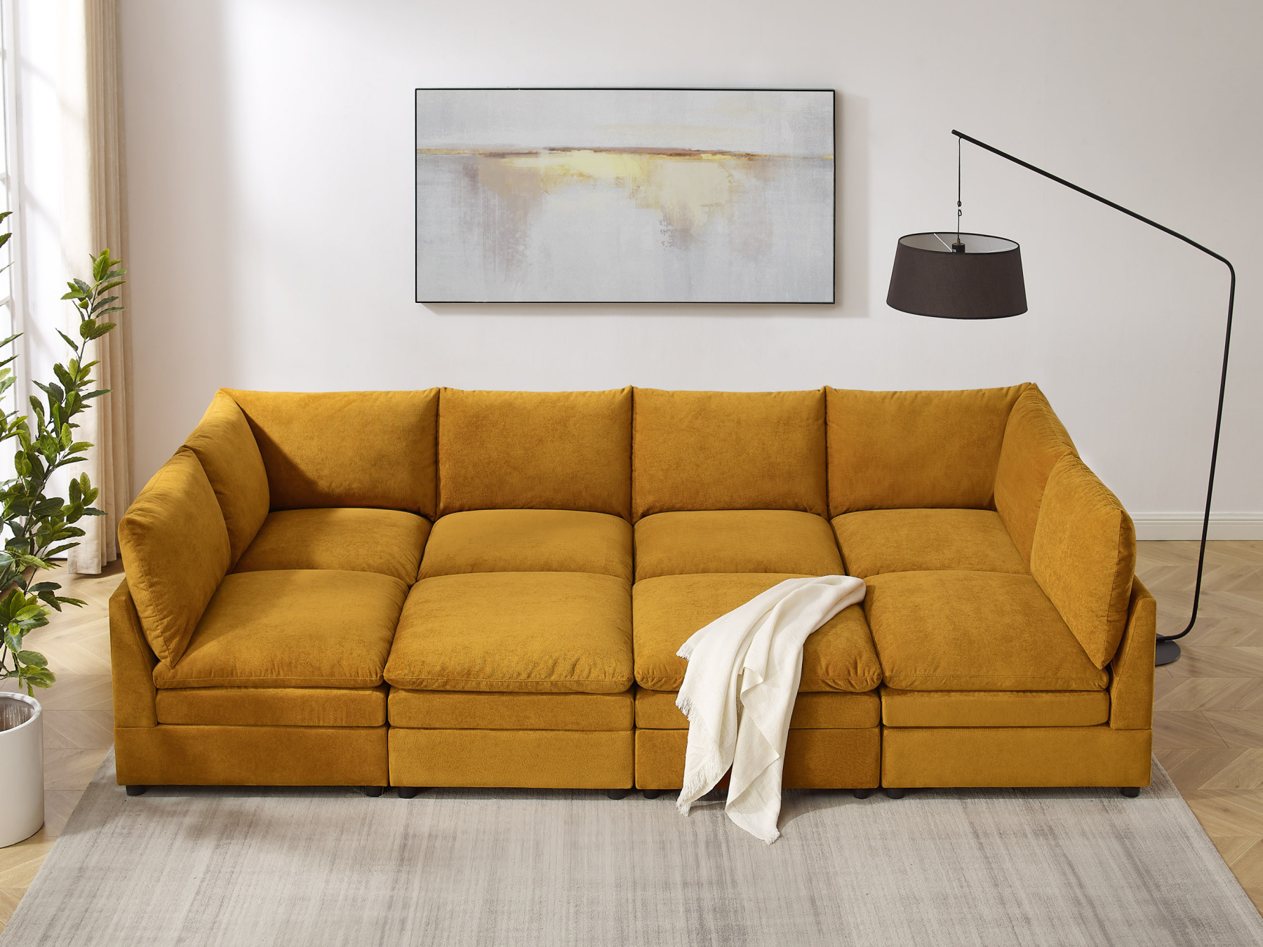 VANOMi 127'' 8 Seat Knit Modular Sofa Bed with Ottomans Curry