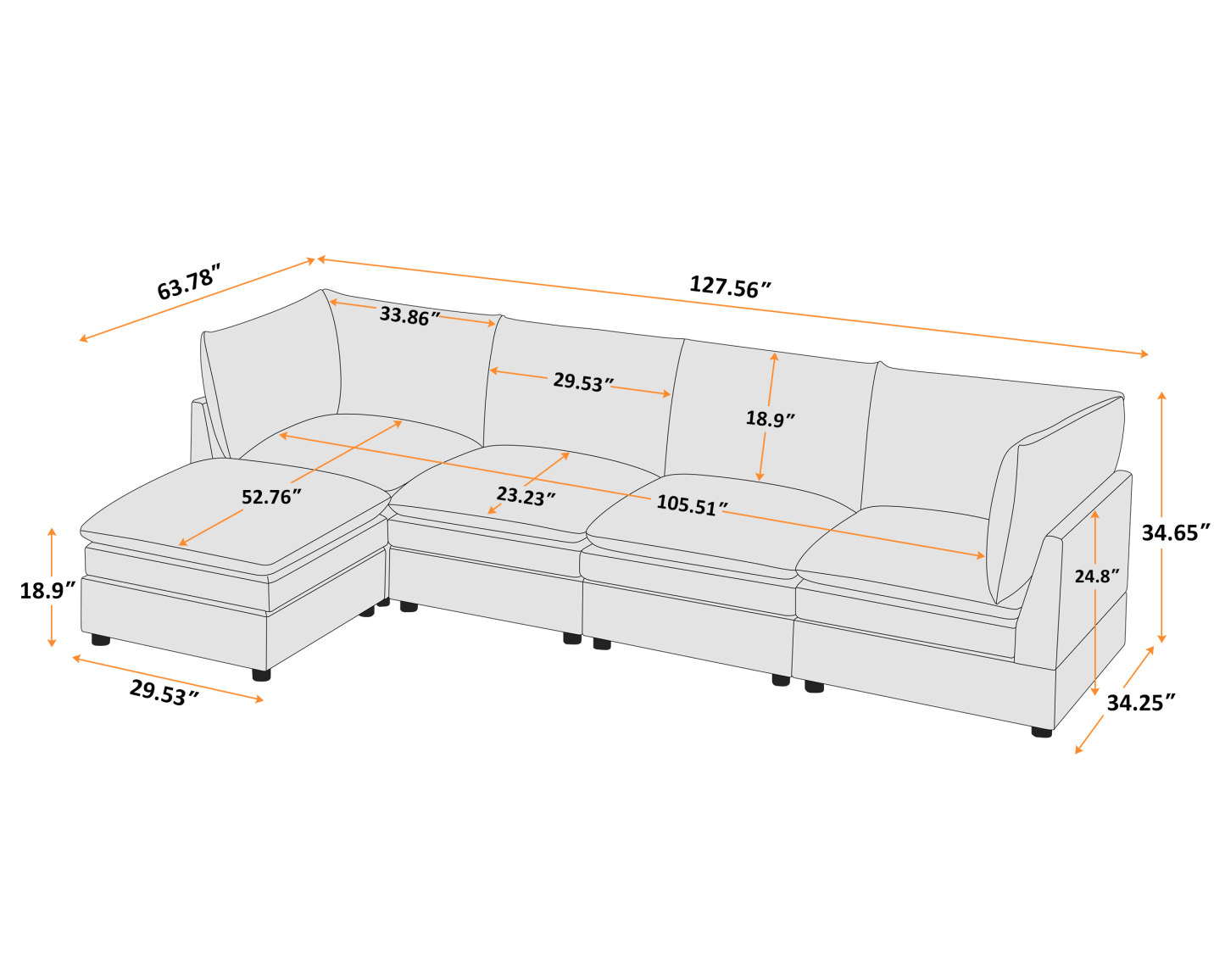 VANOMi 127'' L shaped 5 Seat Knit Modular Sofa with Ottomans Size