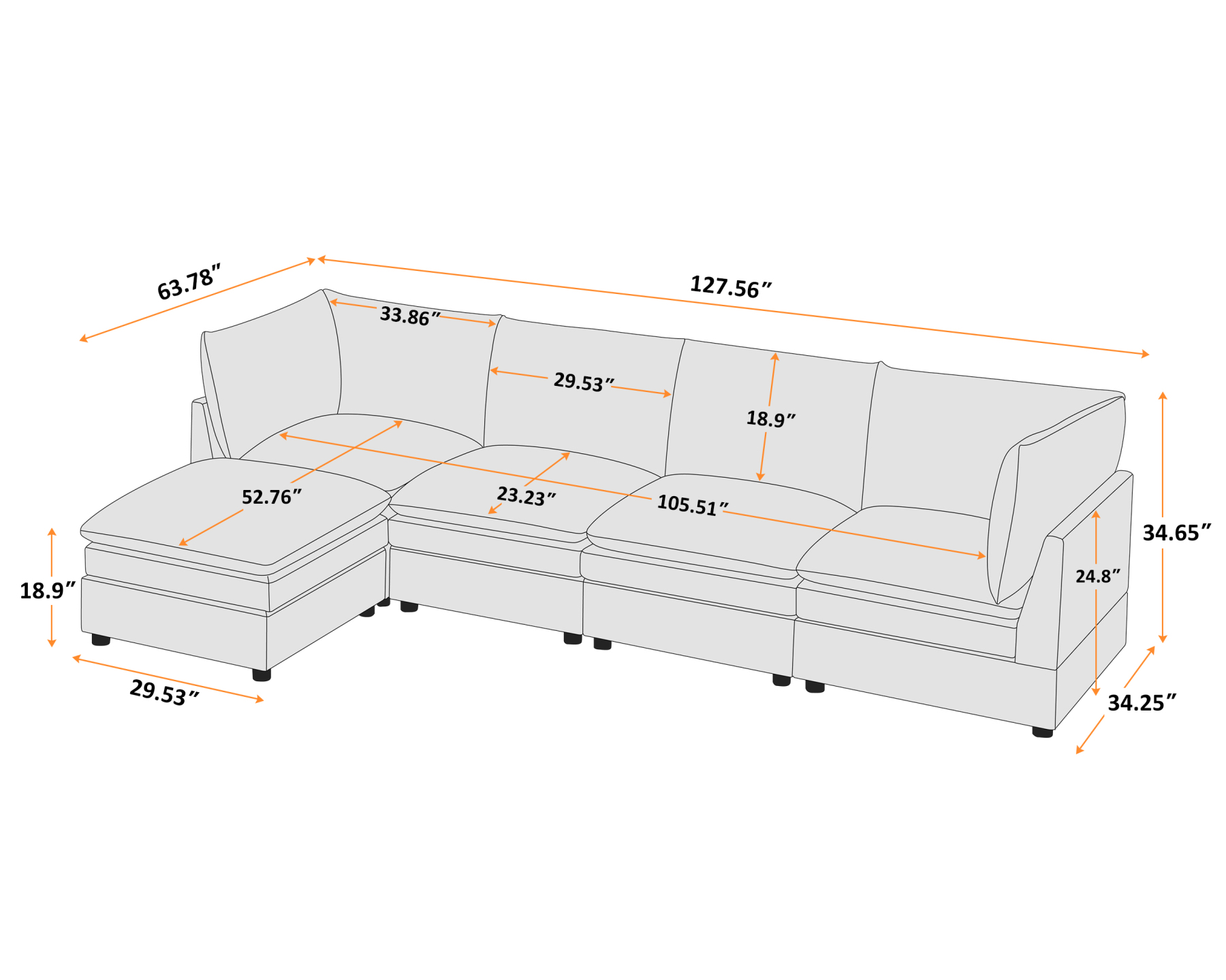 VANOMi 127'' L shaped 5 Seat Knit Modular Sofa with Ottomans Size