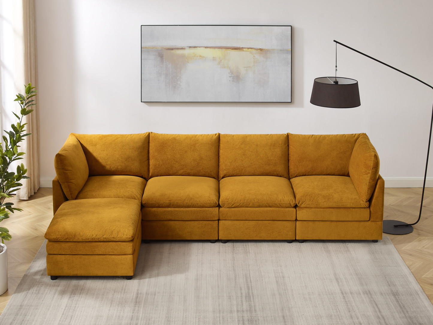 VANOMi 127'' L Shaped 5 Seat Knit Modular Sofa with Ottomans Curry