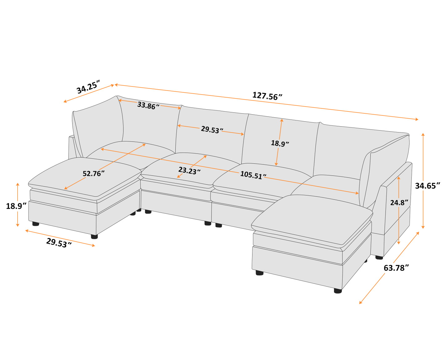 VANOMi 127'' U shaped 6 Seat Knit Modular Sofa with Ottomans Size