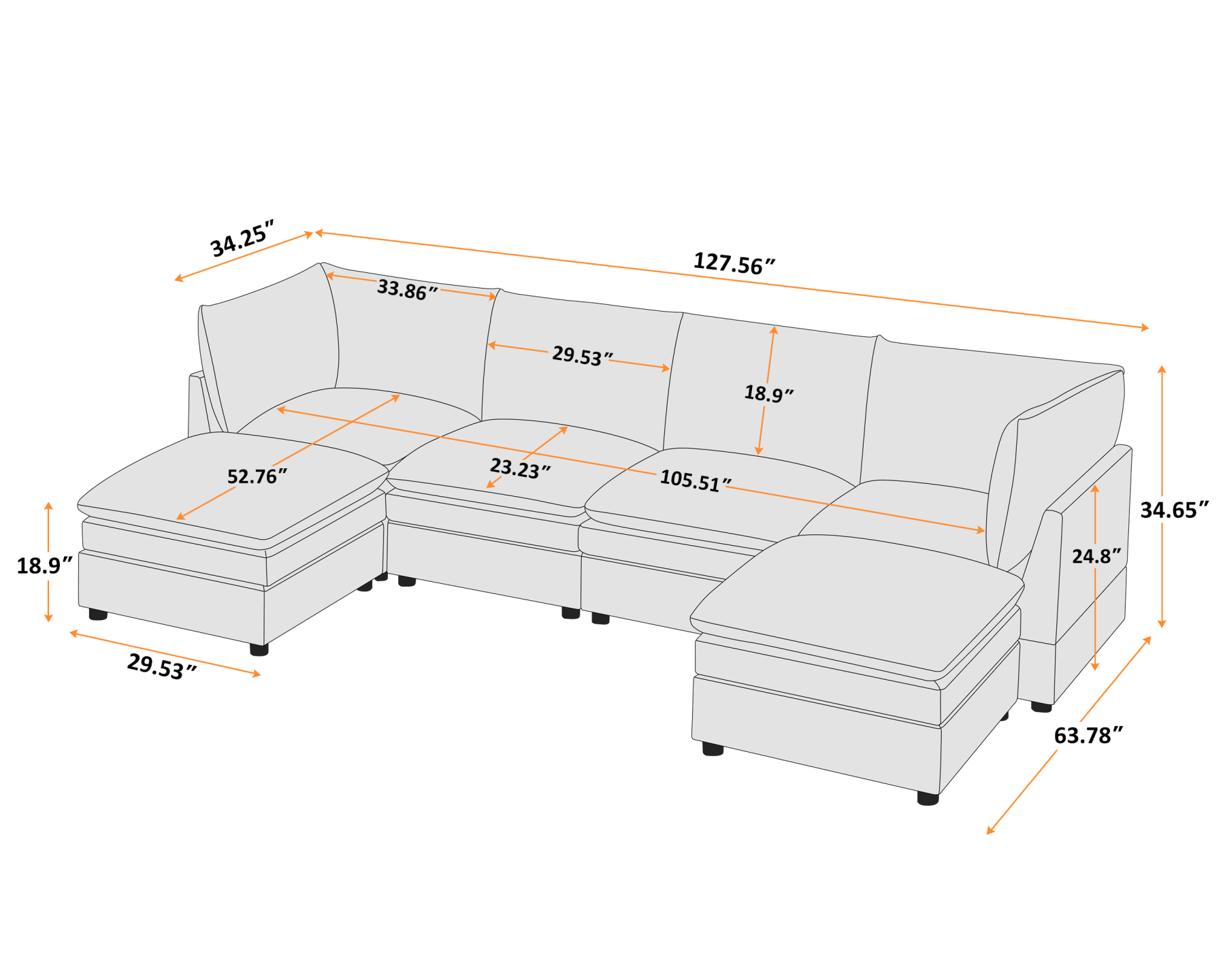 VANOMi 127'' U shaped 6 Seat Knit Modular Sofa with Ottomans Size
