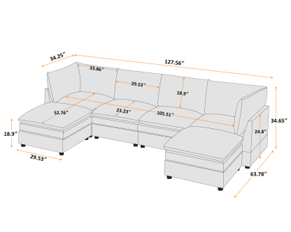 VANOMi 127'' U shaped 6 Seat Knit Modular Sofa with Ottomans Size