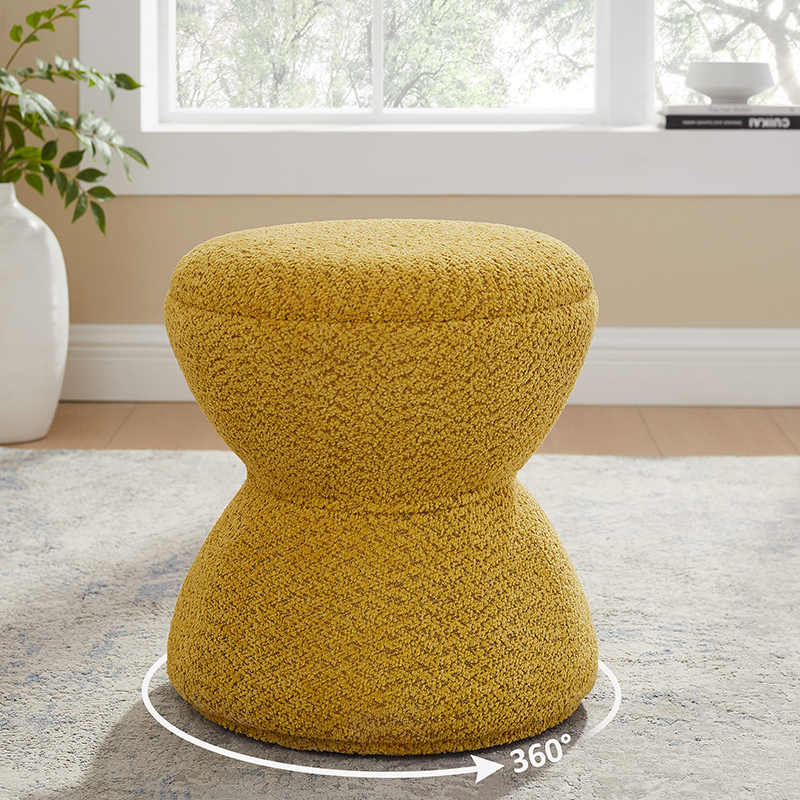 VANOMi Djembe Boucle Upholstered Ottoman with Swivel Base Pouf Swivel Vanity Stool for Living Room Walk In Closet White