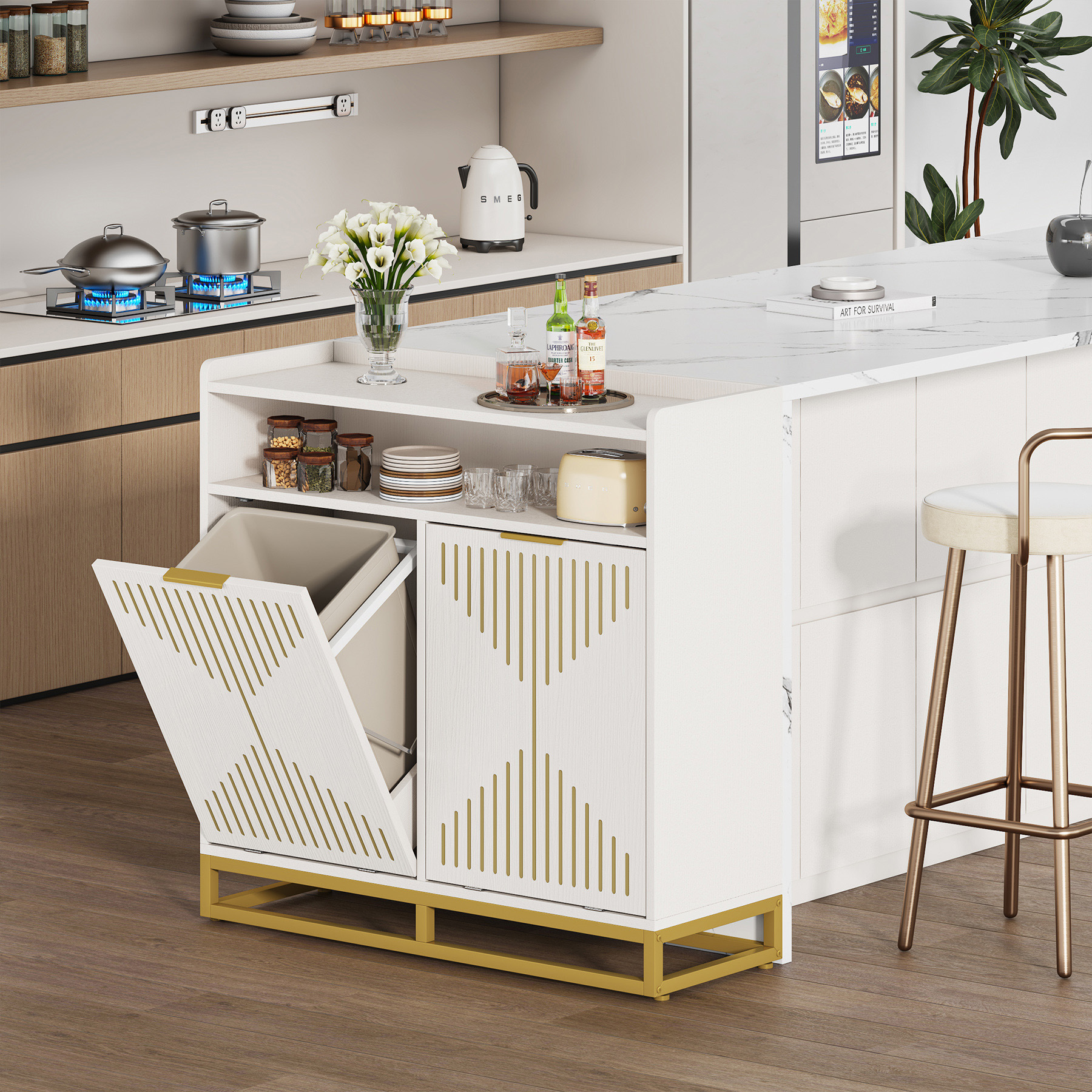 VANOMi Modern Farmhouse Double Tilt Trash Cabinet 20 Gallon Trash Bin Cabinet(No Trash Can)