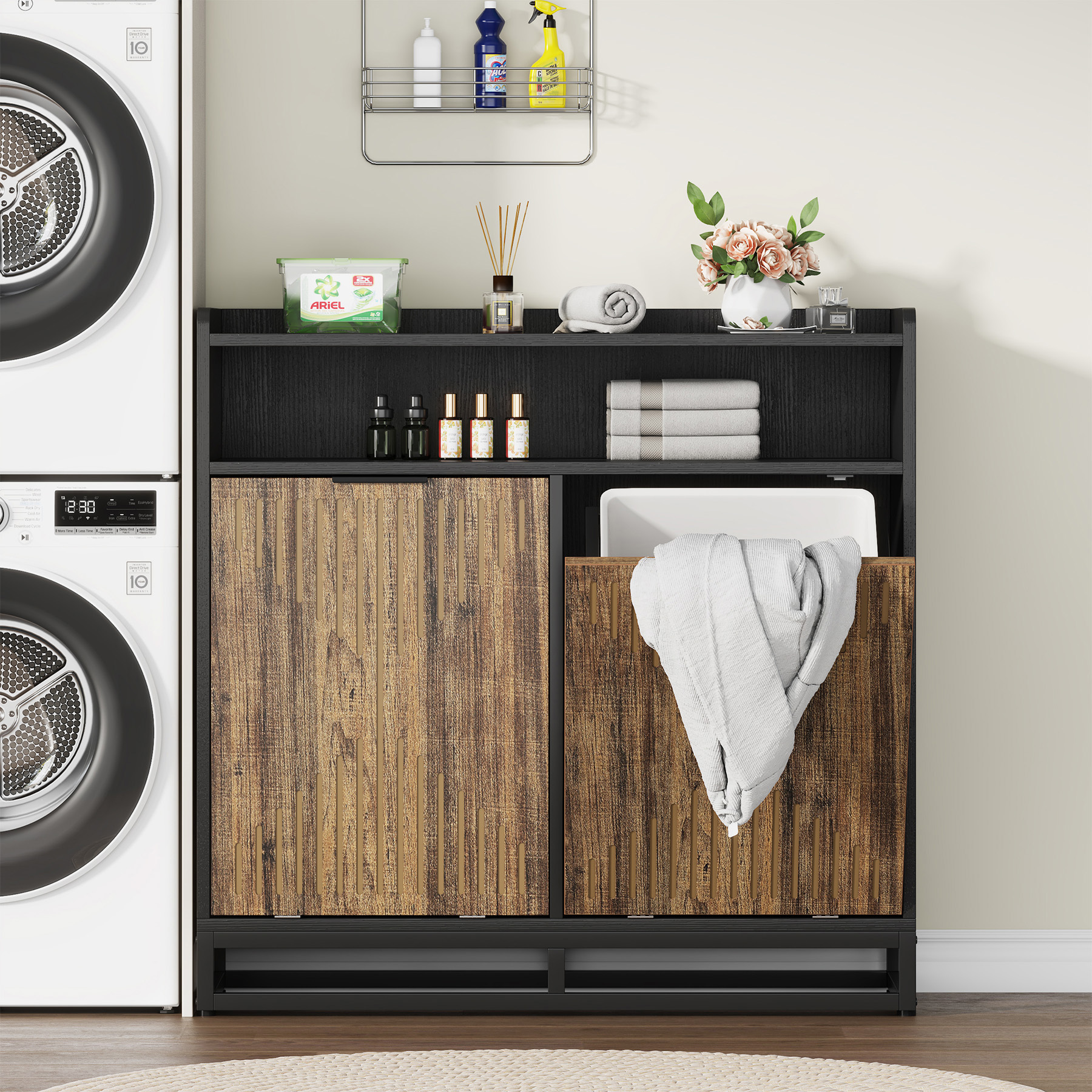 VANOMi Modern Farmhouse Double Tilt Trash Cabinet 20 Gallon Trash Bin Cabinet(No Trash Can)