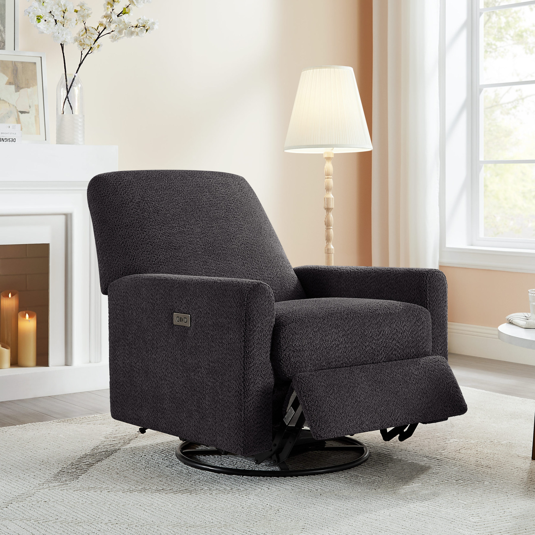 Electric Power Swivel Glider Rocker Recliner Chair with USB & Type-C Port Dark Grey Boucle