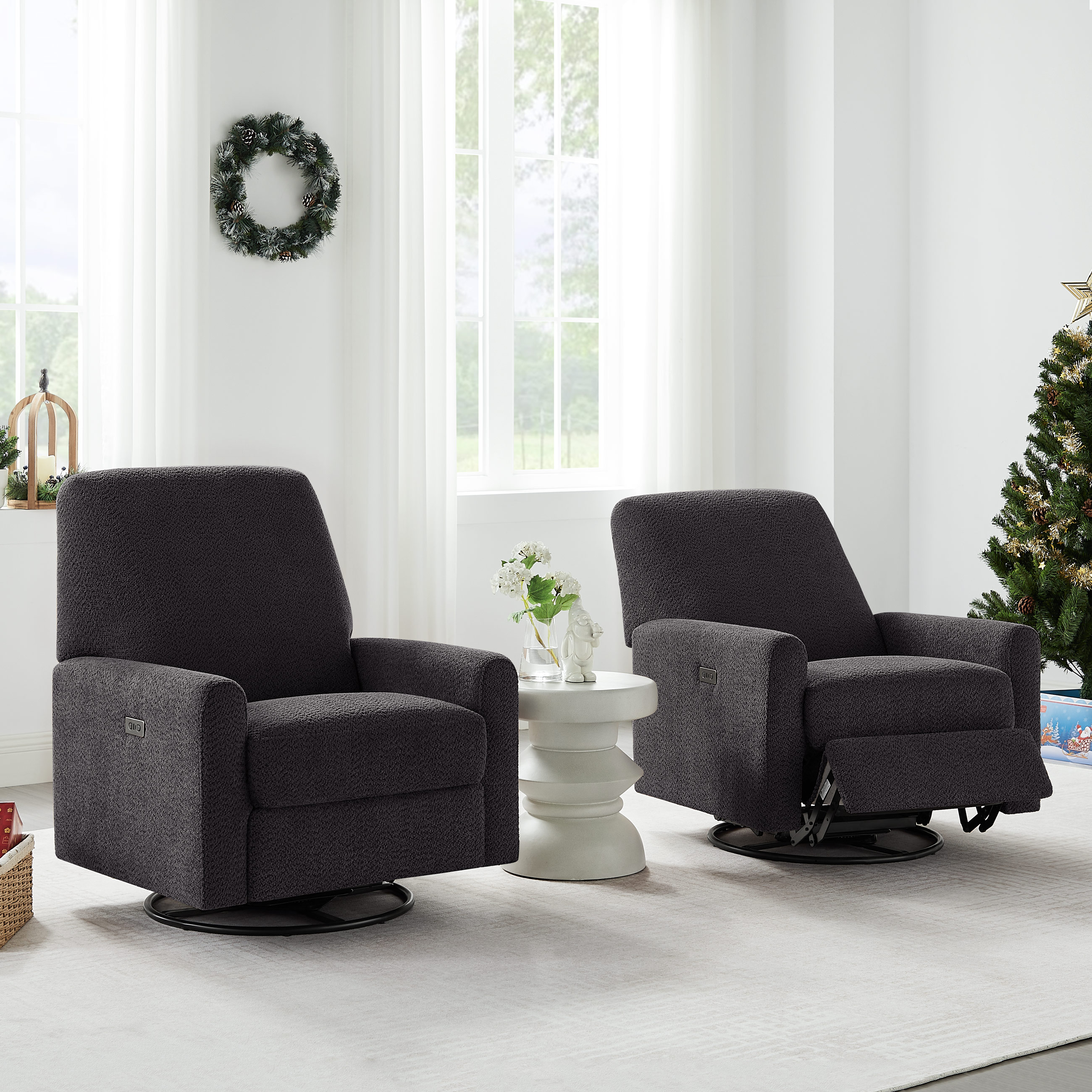 Electric Power Swivel Glider Rocker Recliner Chair with USB & Type-C Port Dark Grey Boucle Set of 2