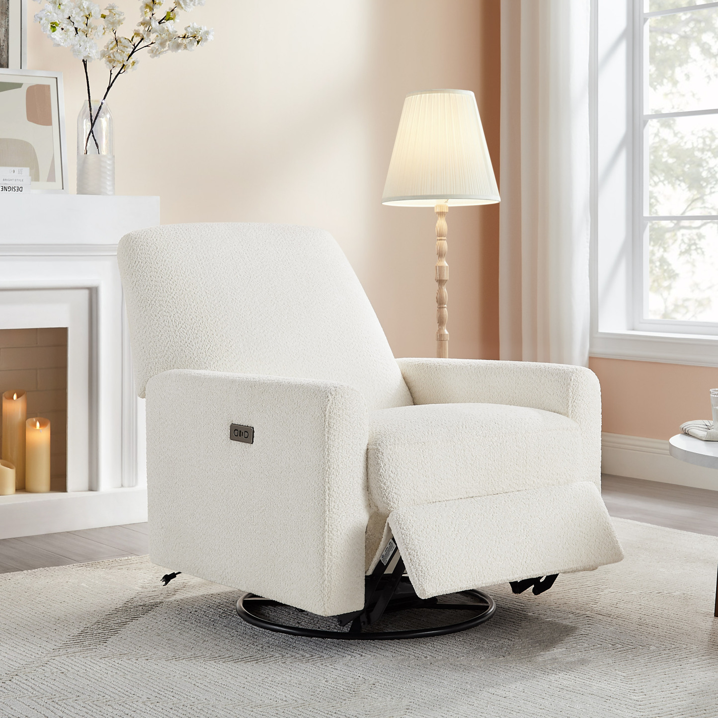 Electric Power Swivel Glider Rocker Recliner Chair with USB & Type-C Port White Boucle