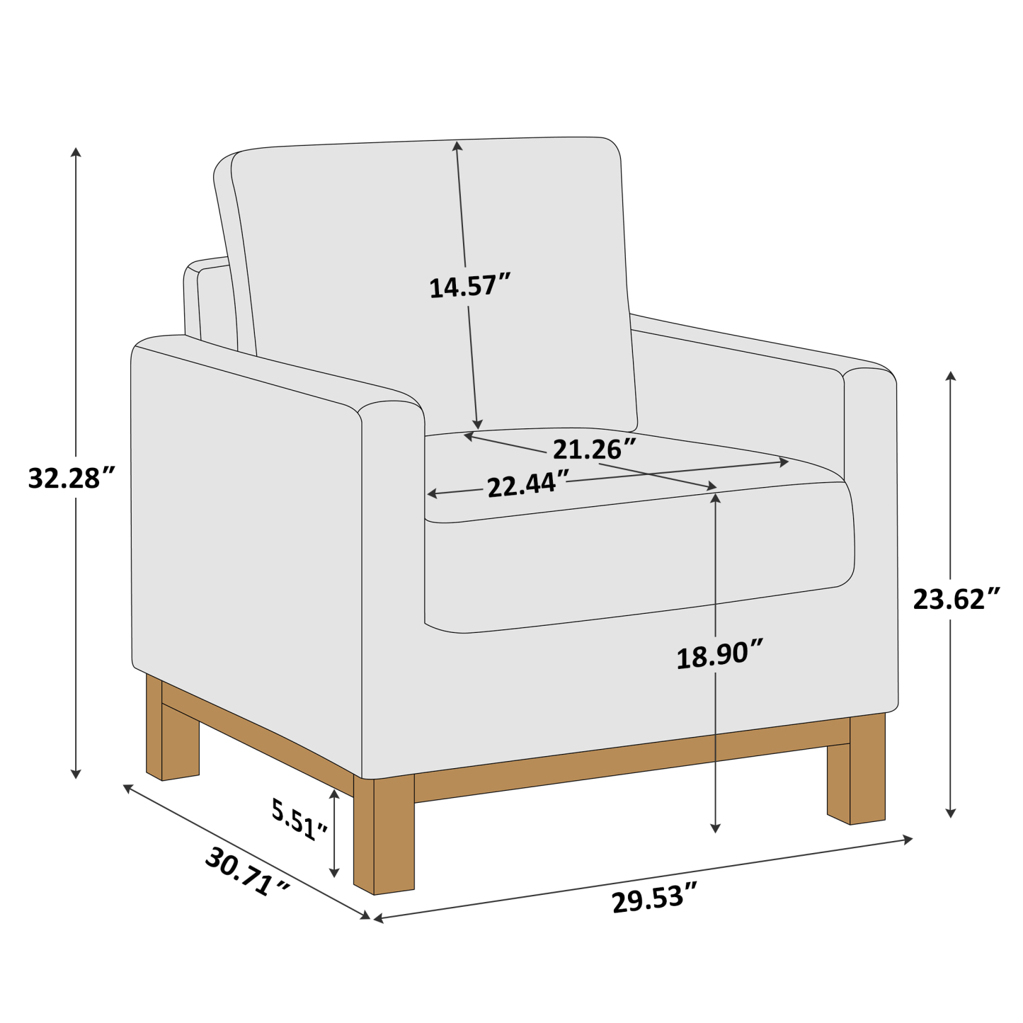 29'' Wide Large Modern Boucle Accent Chair with Wooden Legs Size