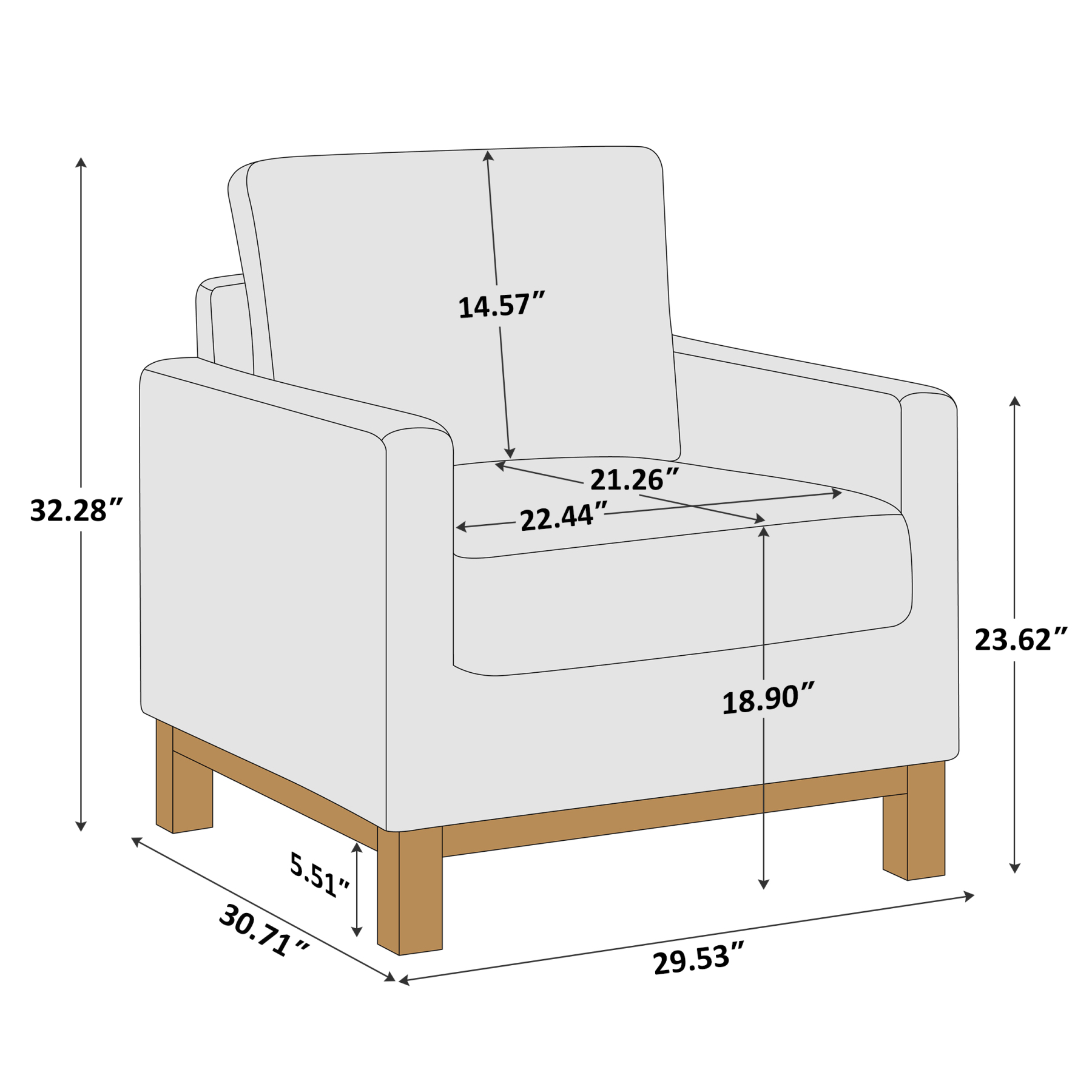 29'' Wide Large Modern Boucle Accent Chair with Wooden Legs Size
